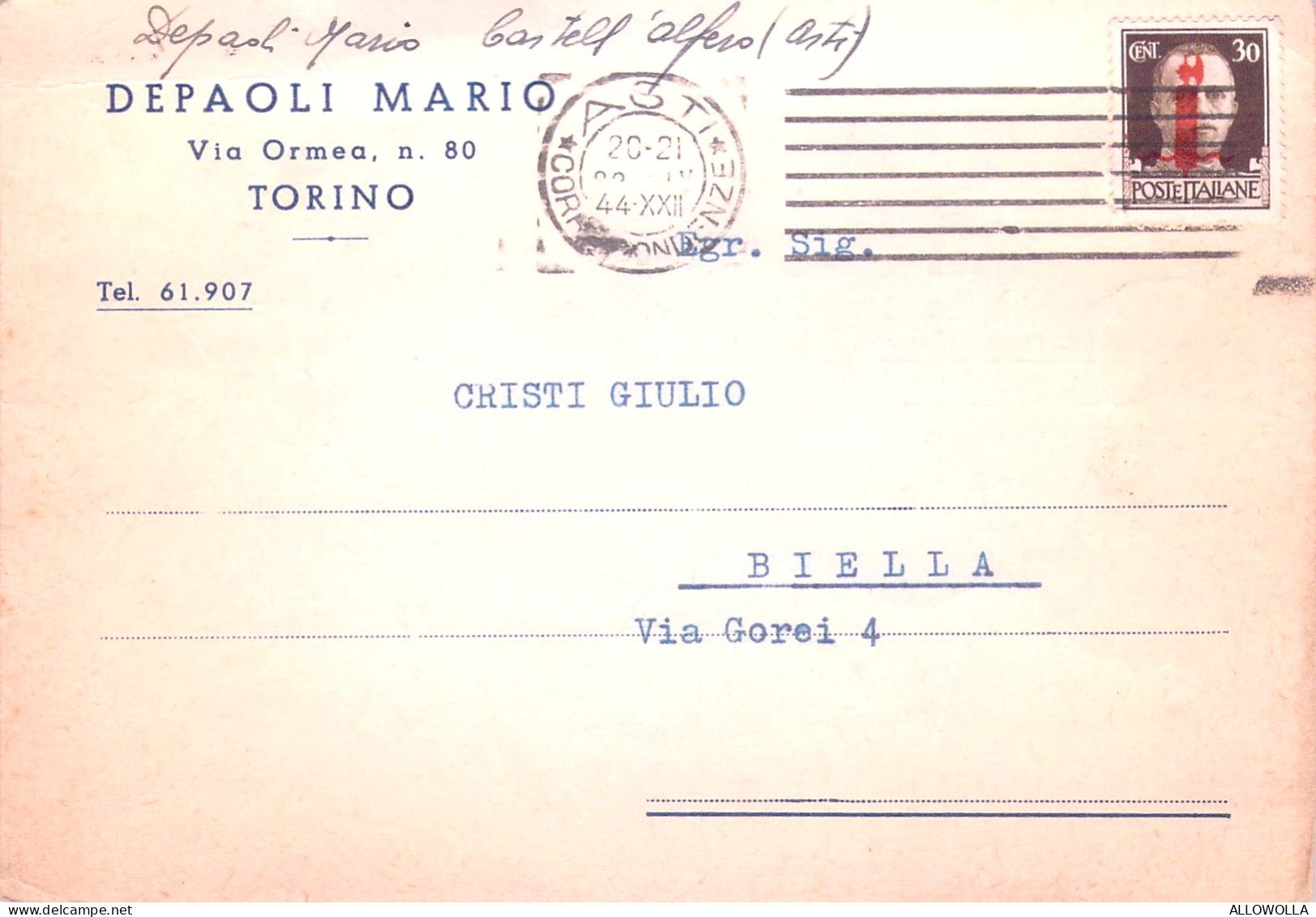 21216 " DEPAOLI MARIO-TORINO"-CART. POST. SPEDITA1944 - Shopkeepers