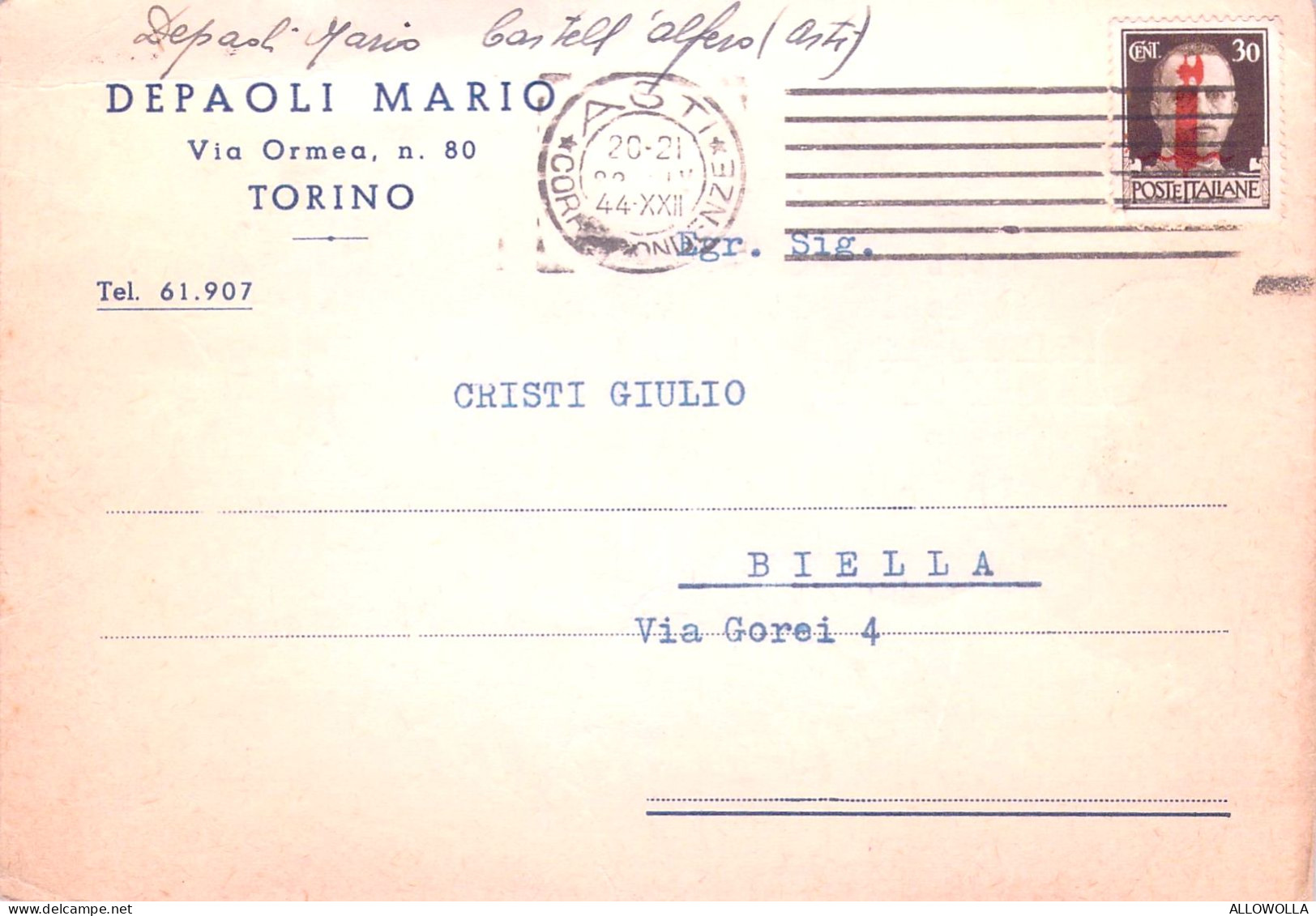 21216 " DEPAOLI MARIO-TORINO"-CART. POST. SPEDITA1944 - Mercanti
