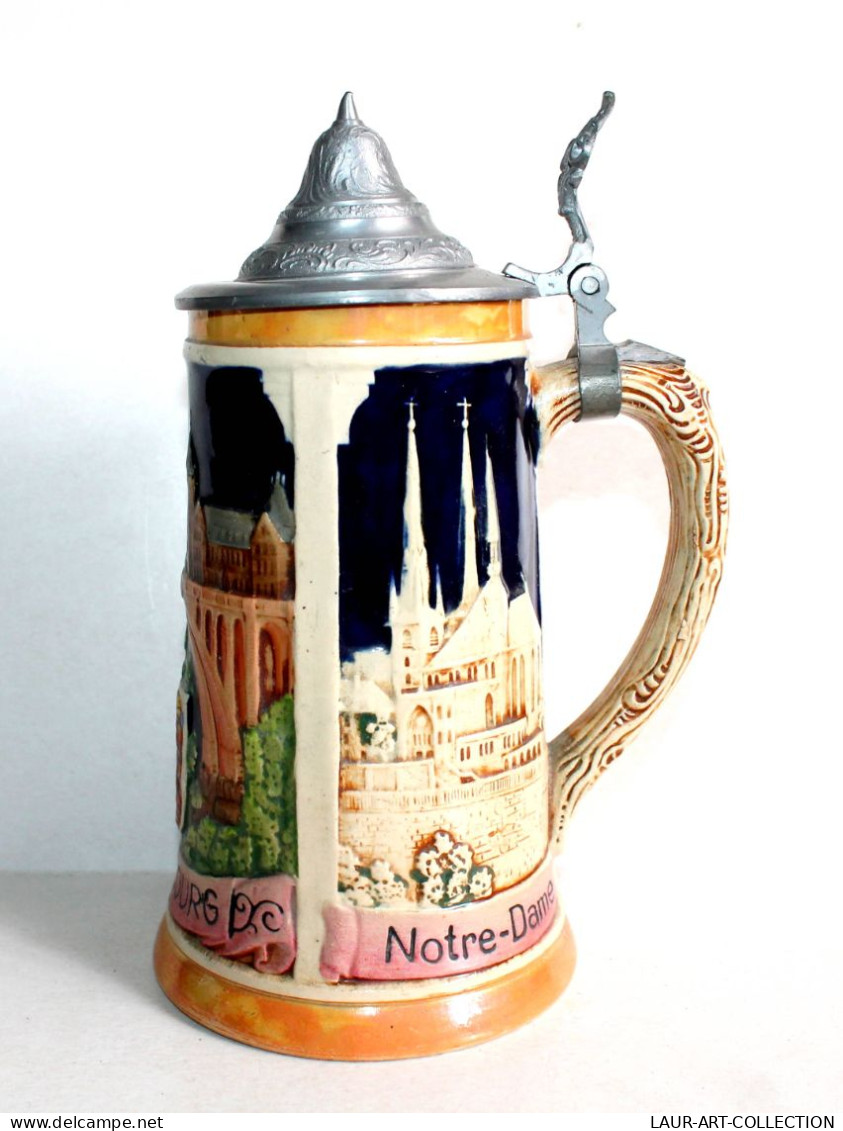 RARE GRANDE CHOPE DE BIERE ALLEMANDE GRES EMAILLÉ LUXEMBOURG PONT ADOLPHE NOTRE DAME / ANTIQUE GLASS BIER BEER (2006.17) - Vasos