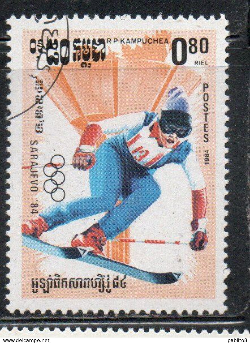 CAMBODIA KAMPUCHEA CAMBOGIA 1984 WINTER OLYMPIC GAMES SARAJEVO SLALOM SKIING 80c USED USATO OBLITERE' - Kampuchea