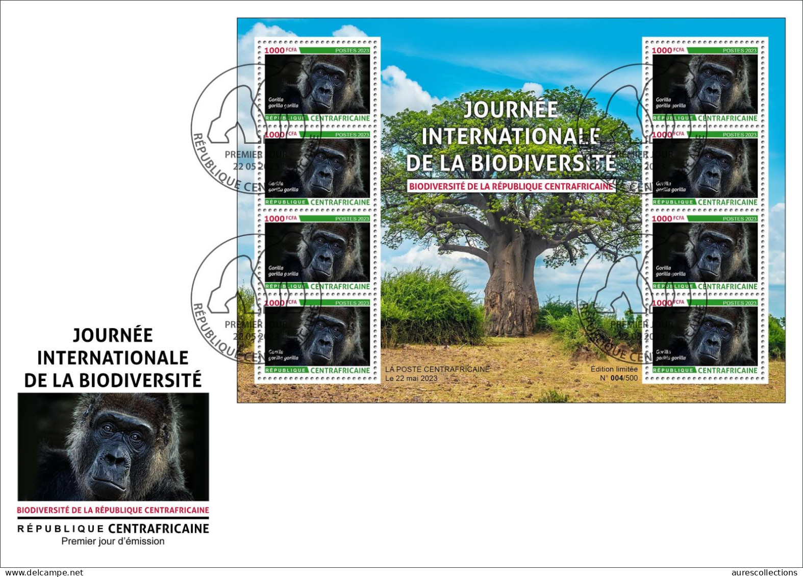 CENTRAL AFRICAN CENTRAFRICAINE 2023 - SHEET 8V - GORILLAS GORILLA GORILLE GORILLES APES - BIODIVERSITY - FDC - Gorilles