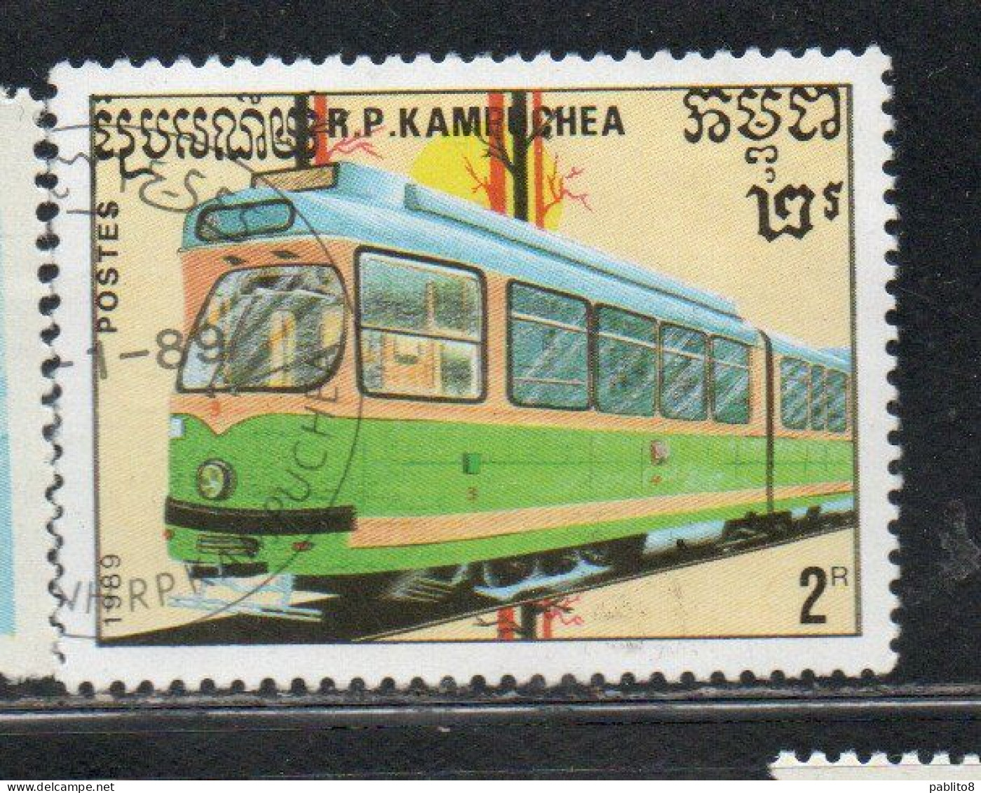 CAMBODIA KAMPUCHEA CAMBOGIA 1989 TRAINS RARIOUS LOCOMOTIVES 2r USED USATO OBLITERE' - Kampuchea