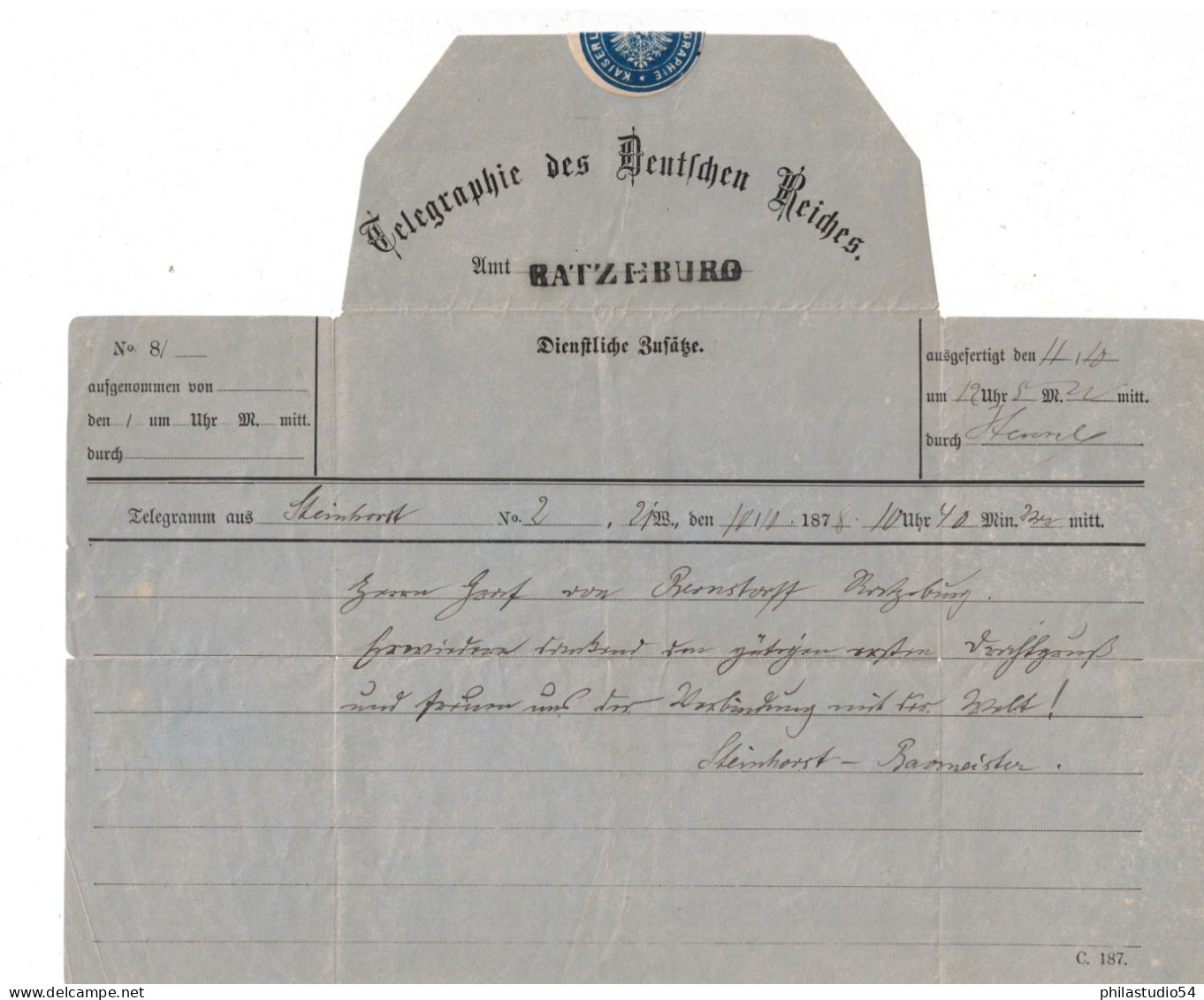 1874, Telegramm Aus RATZEBURG, Dekorativer Vordruck - Cartas & Documentos