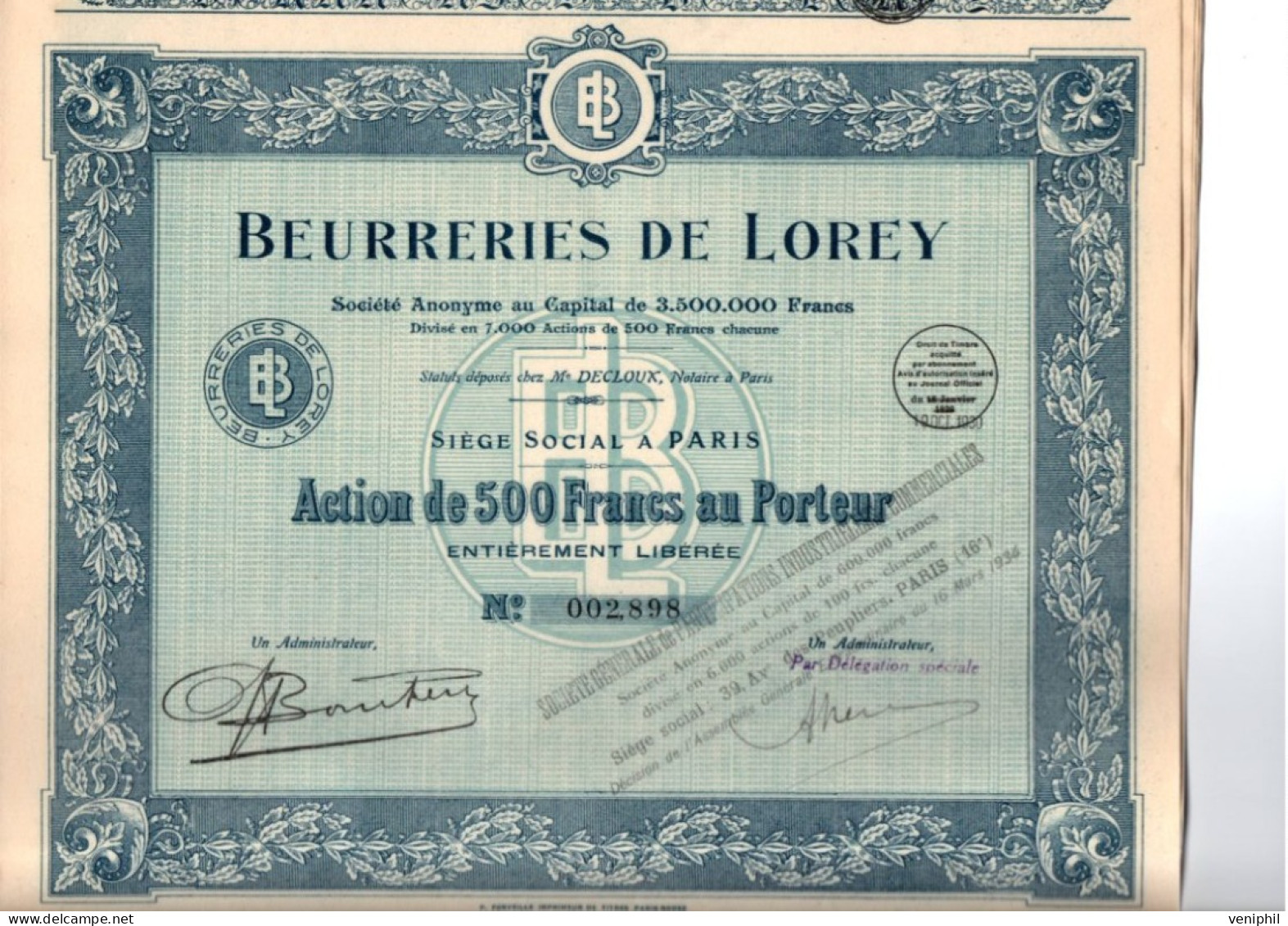 BEURRERIES DE LOREY  DIVISE EN 7000 ACTIONS  DE 500 FRS -LOT DE 10 ACTIONS - ANNEE 1936 - Landwirtschaft