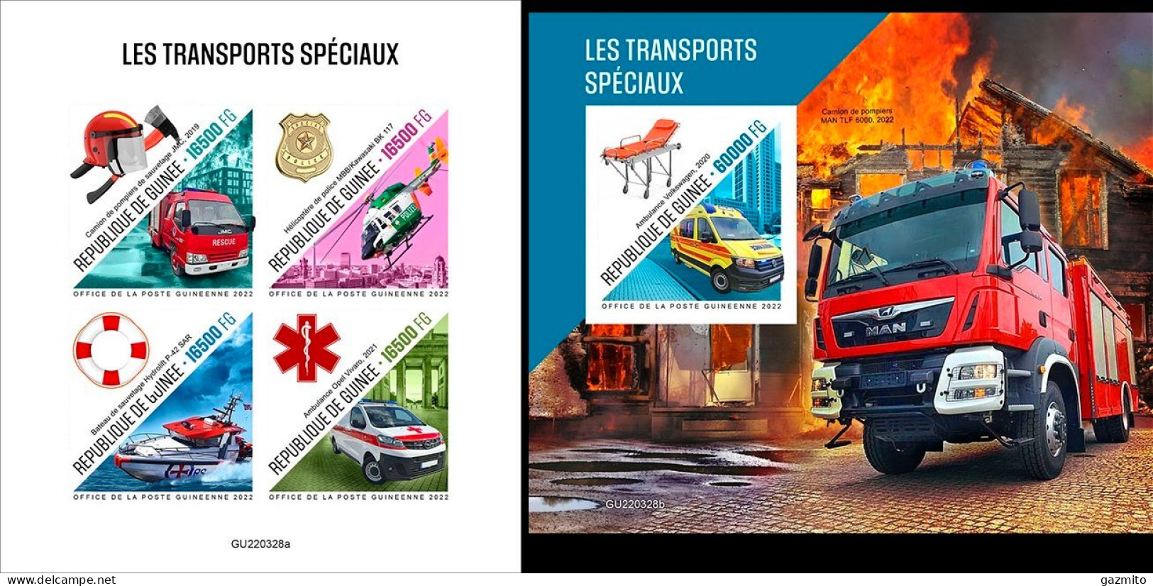 Guinea 2022, Transport, Fire Engines, Ambulance, 4val In BF+BF IMPERFORATED - First Aid