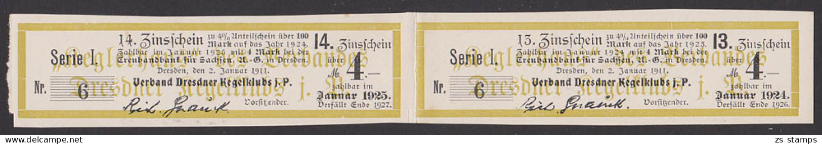 Treuhandbank Für Sachsen, Zinsschein Verband Dresdner Kegelclubs 1925 - Deportes