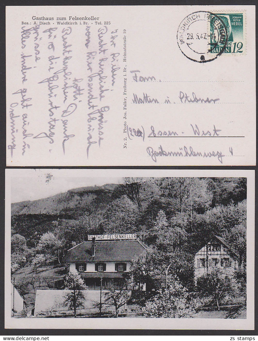 Waldkirch Breisgau Gasthaus Zum Felsenkeller, Gasthof 1947 Mit 12 Pf Johann Peter Hebel Ausgabe Baden, Fotokarte - Waldkirch