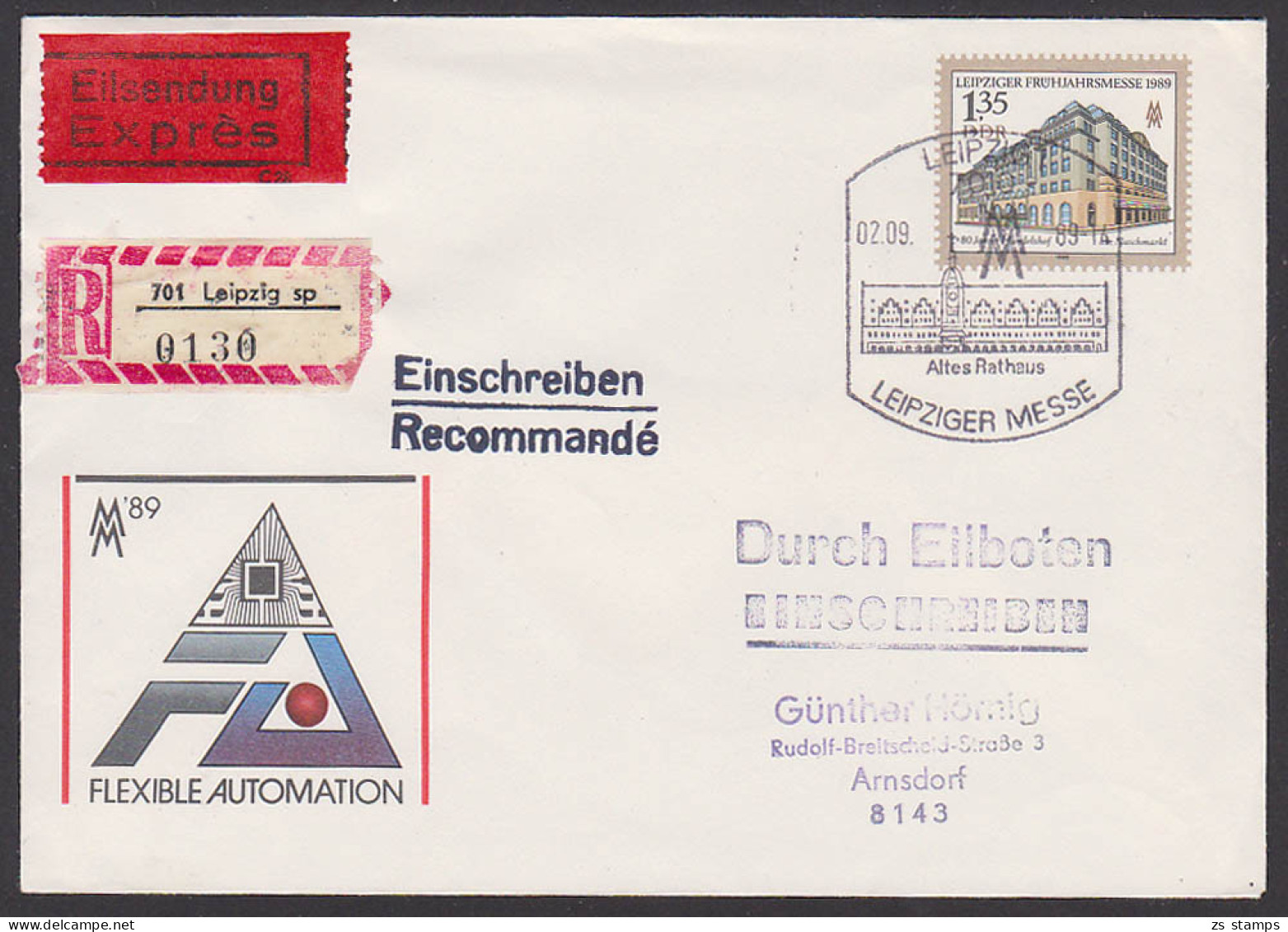 Leipziger Frühjahrsmesse 1989 Eil-R-Brief Leipzig Altes Rathaus DDR U9, Rs. Eing.-St., Handelshof Am Naschmarkt - Briefomslagen - Gebruikt