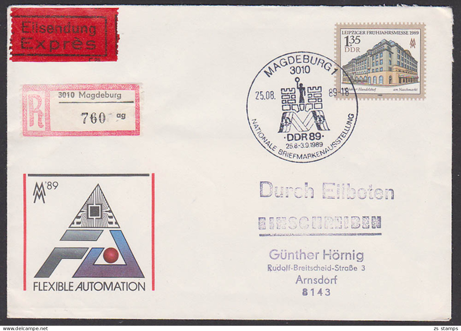 Magdeburg Ausstellung DDR U9, Rs. Eing.-St., Handelshof Am Naschmarkt Leipziger Frühjahrsmesse 1989 Eil-R-Brief  - Enveloppes - Oblitérées