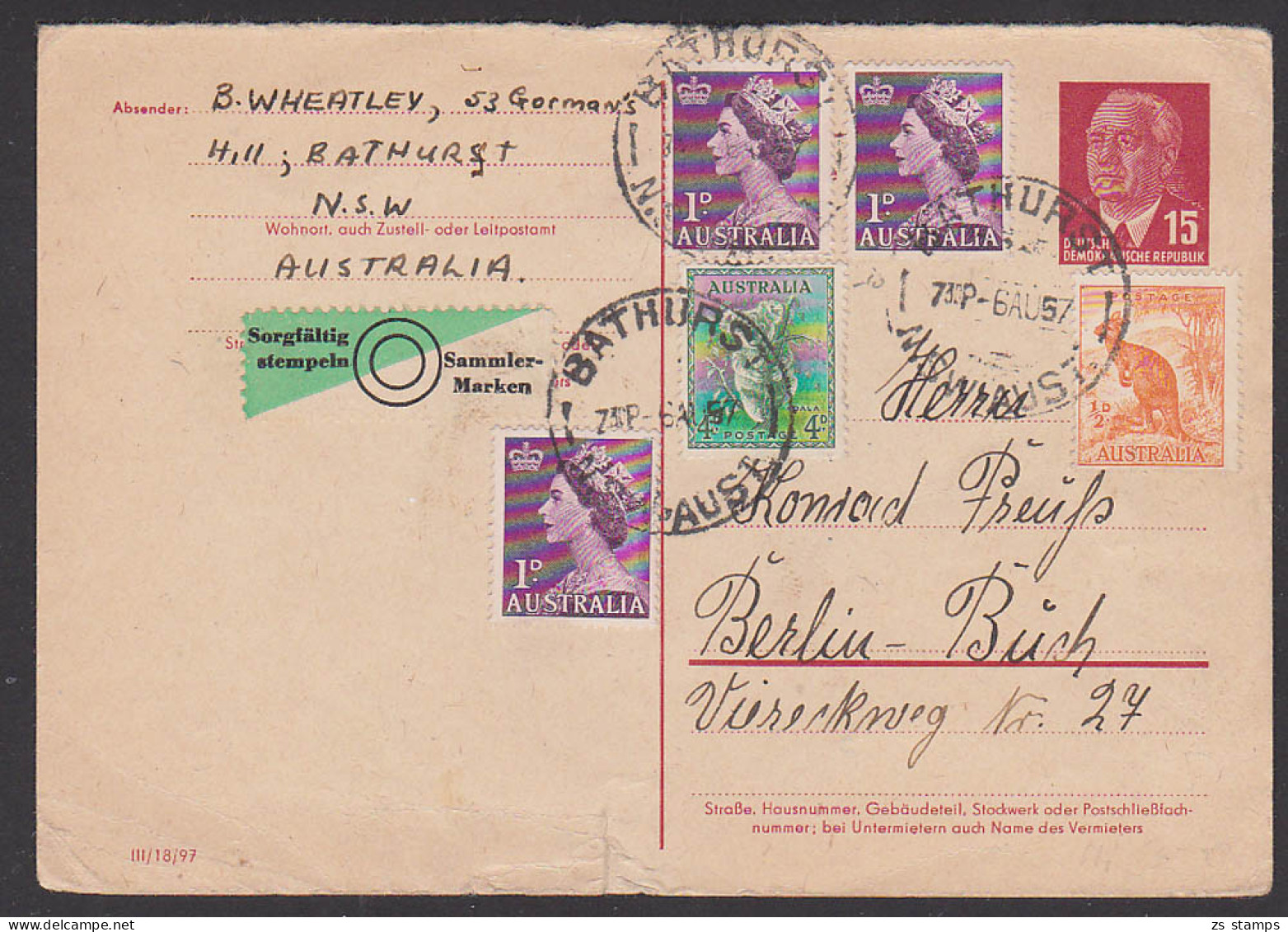 Australia Bathurst Antwortkarte Auf 15 Pf.  Gansachenkarte W. Pieck P65A, Bedarfserhaltung 1957, Kängeruh - Postcards - Used