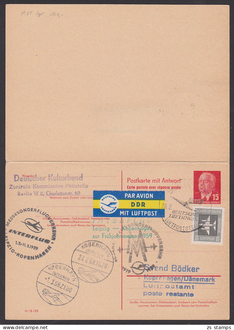 Messesonderflug Nach Kopenhagen 15 /15 Pf.  Ganzsachen-Doppelkarte W. Pieck P65 Kpl., 1959 Lufthavn - Postcards - Used