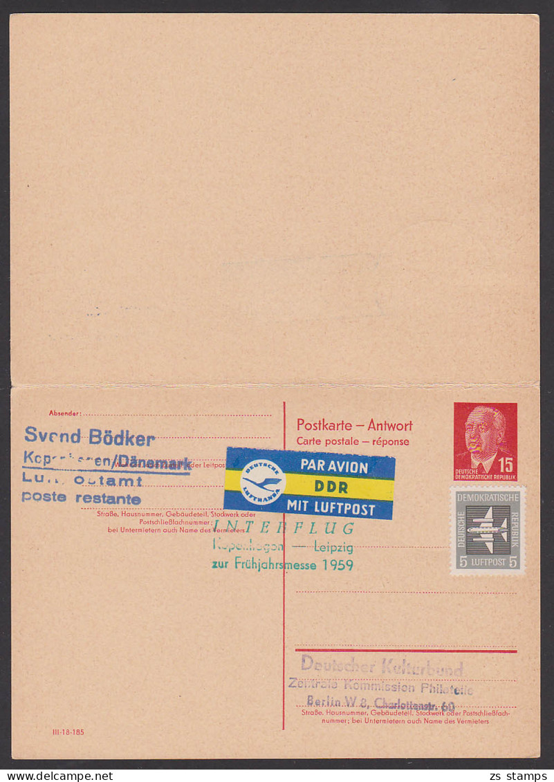 Messesonderflug Nach Kopenhagen 15 /15 Pf.  Ganzsachen-Doppelkarte W. Pieck P65 Kpl., 1959 Lufthavn - Postcards - Used