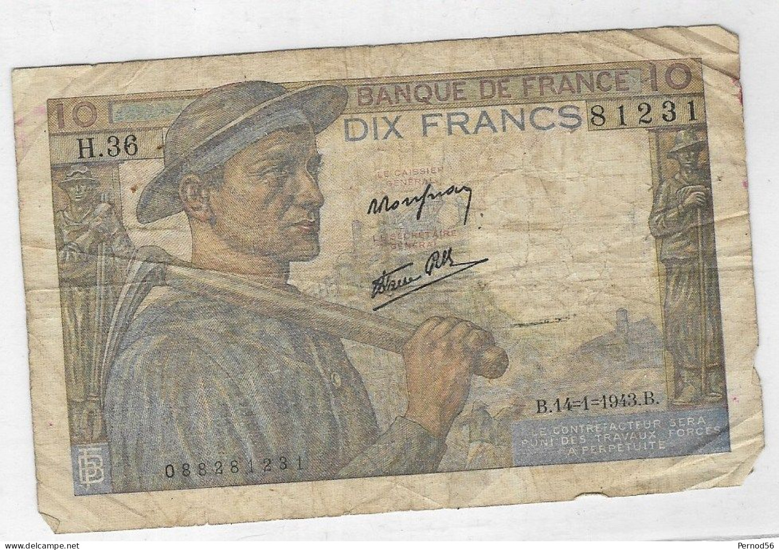 Vends Beau Billet De Banque  FRANCE   10 FRANCS    1943 - 10 F 1941-1949 ''Mineur''