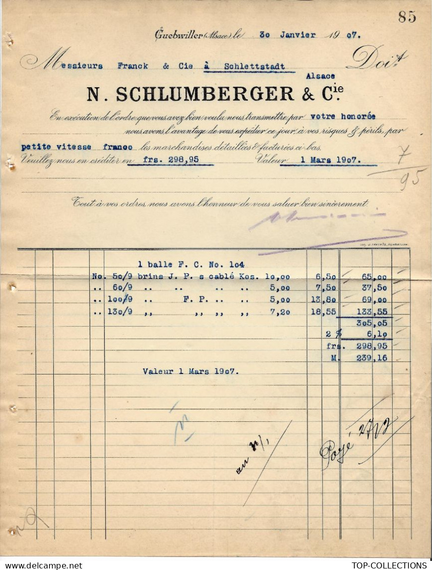 1907 INDUSTRIE ENTETE N. (Nicolas)  SCHLUMBERGER à Guebwiller Haut Rhin Alsace Pour Franck à Schlettstadt V.HISTORIQUE - 1900 – 1949
