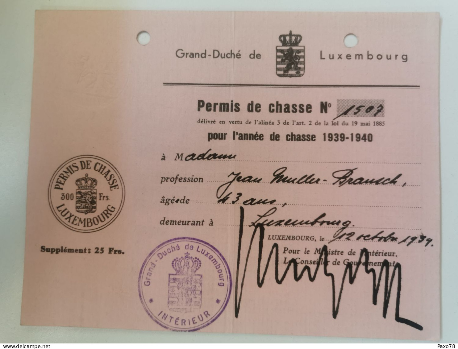 Permis De Chasse 1939-40 - Lettres & Documents