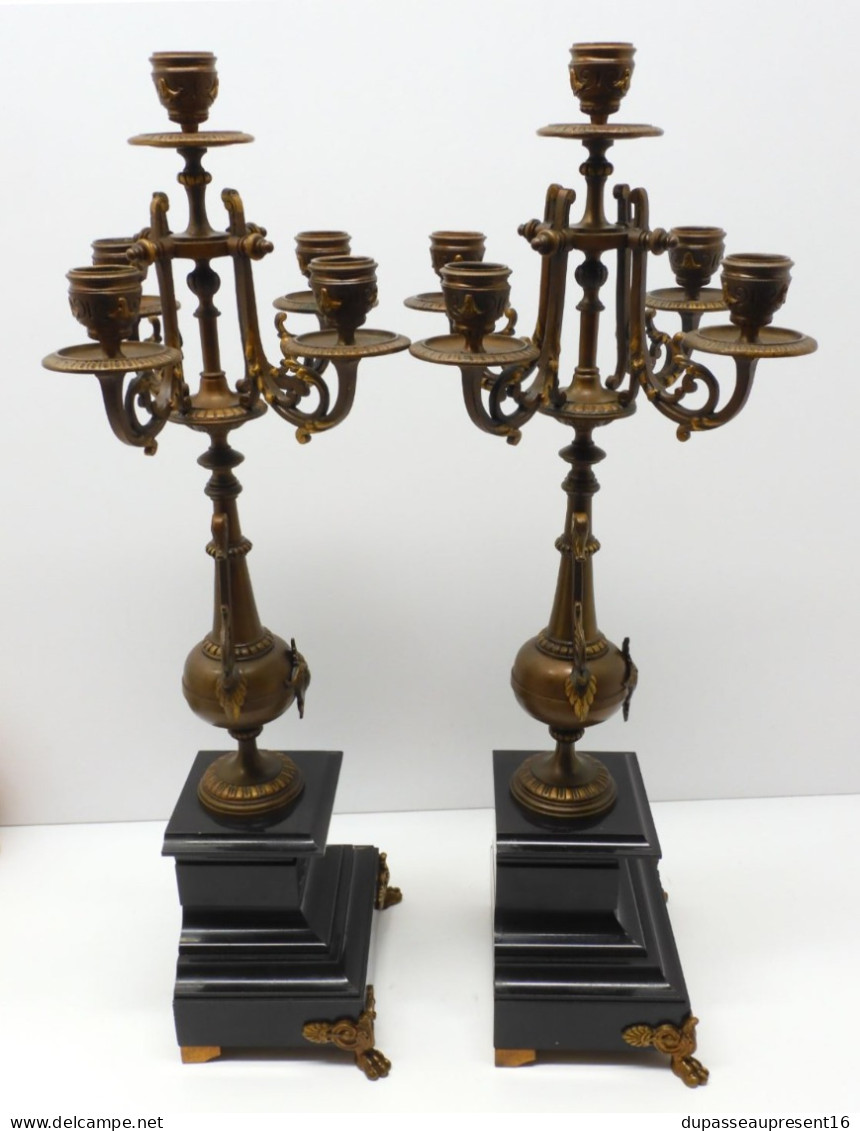 - BELLE PAIRE de BOUGEOIRS CANDELABRES 5 FEUX NAPOLEON III BRONZE MARBRE NOIR   E