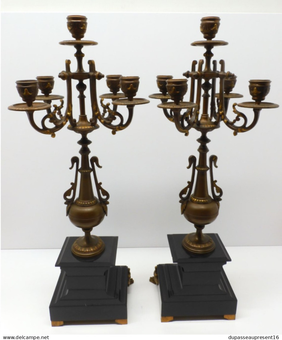 - BELLE PAIRE de BOUGEOIRS CANDELABRES 5 FEUX NAPOLEON III BRONZE MARBRE NOIR   E