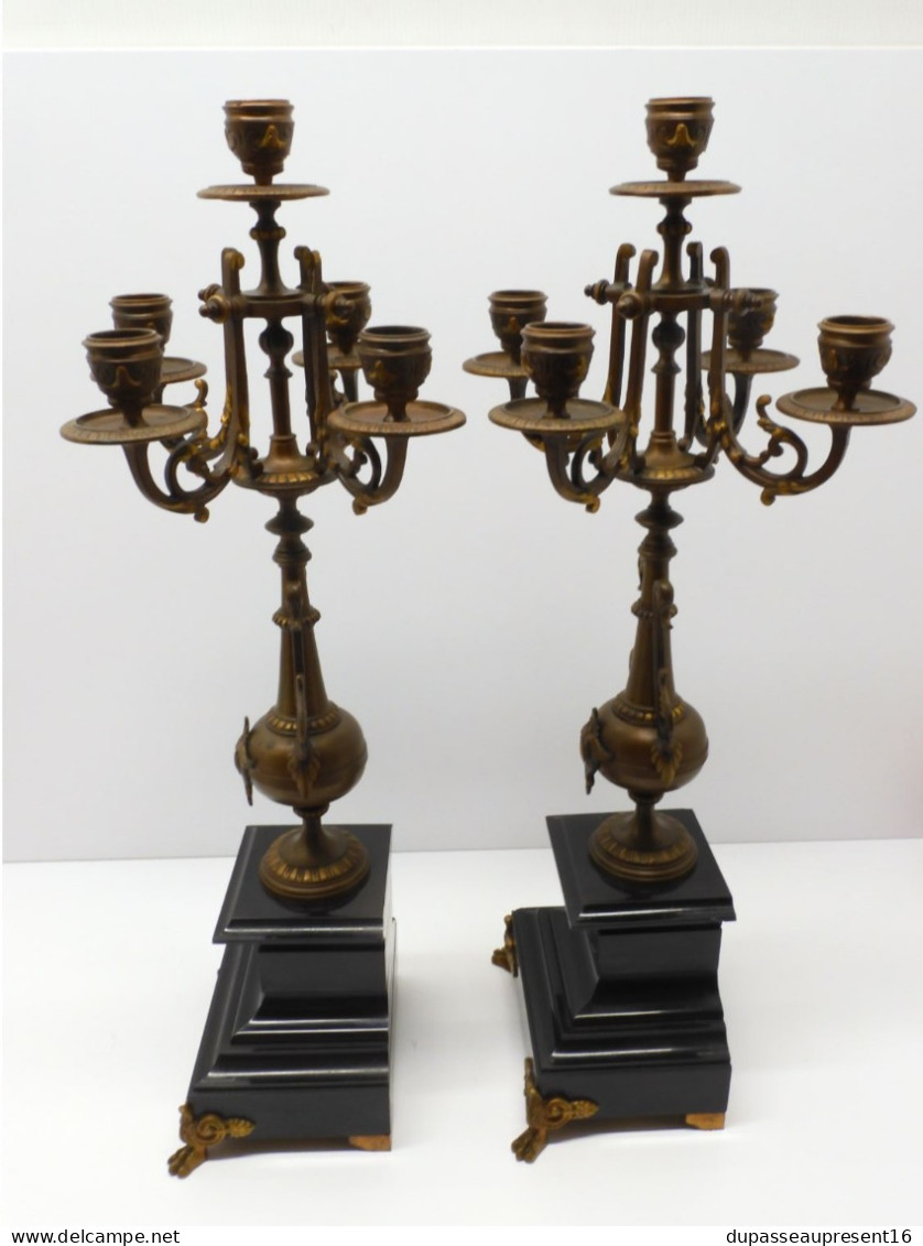 - BELLE PAIRE de BOUGEOIRS CANDELABRES 5 FEUX NAPOLEON III BRONZE MARBRE NOIR   E