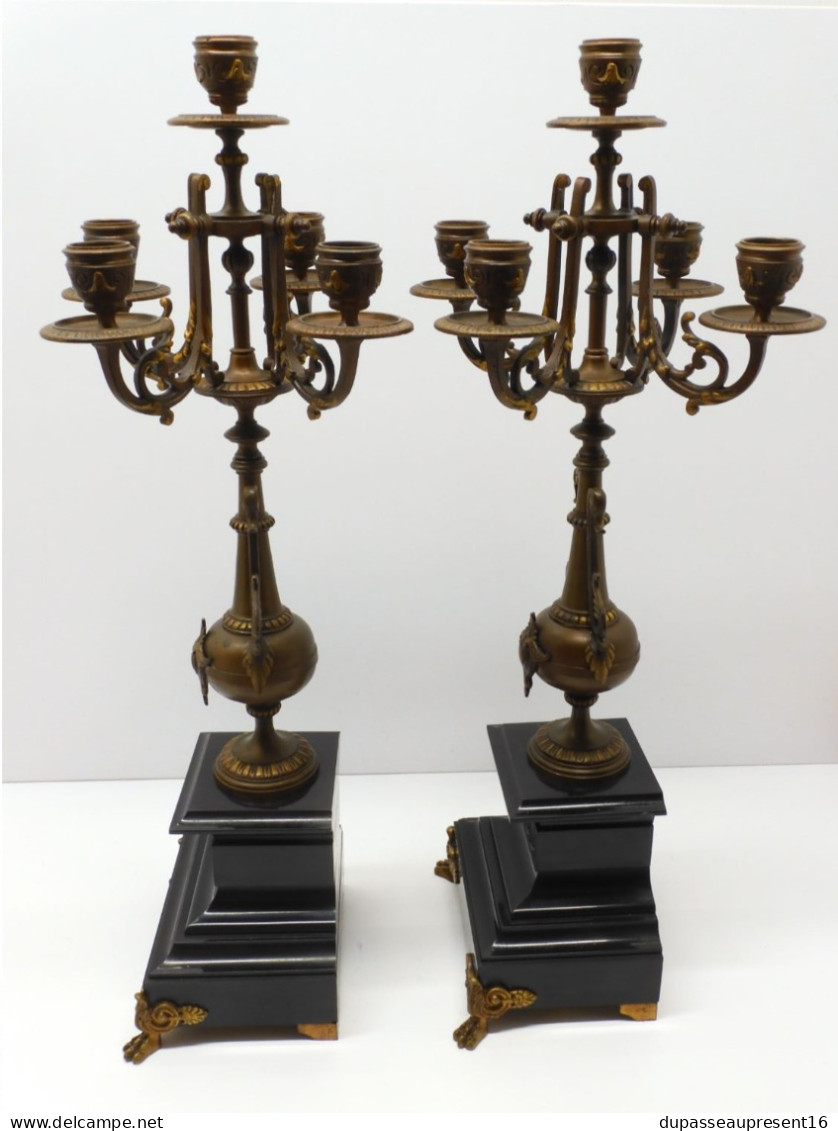 - BELLE PAIRE de BOUGEOIRS CANDELABRES 5 FEUX NAPOLEON III BRONZE MARBRE NOIR   E