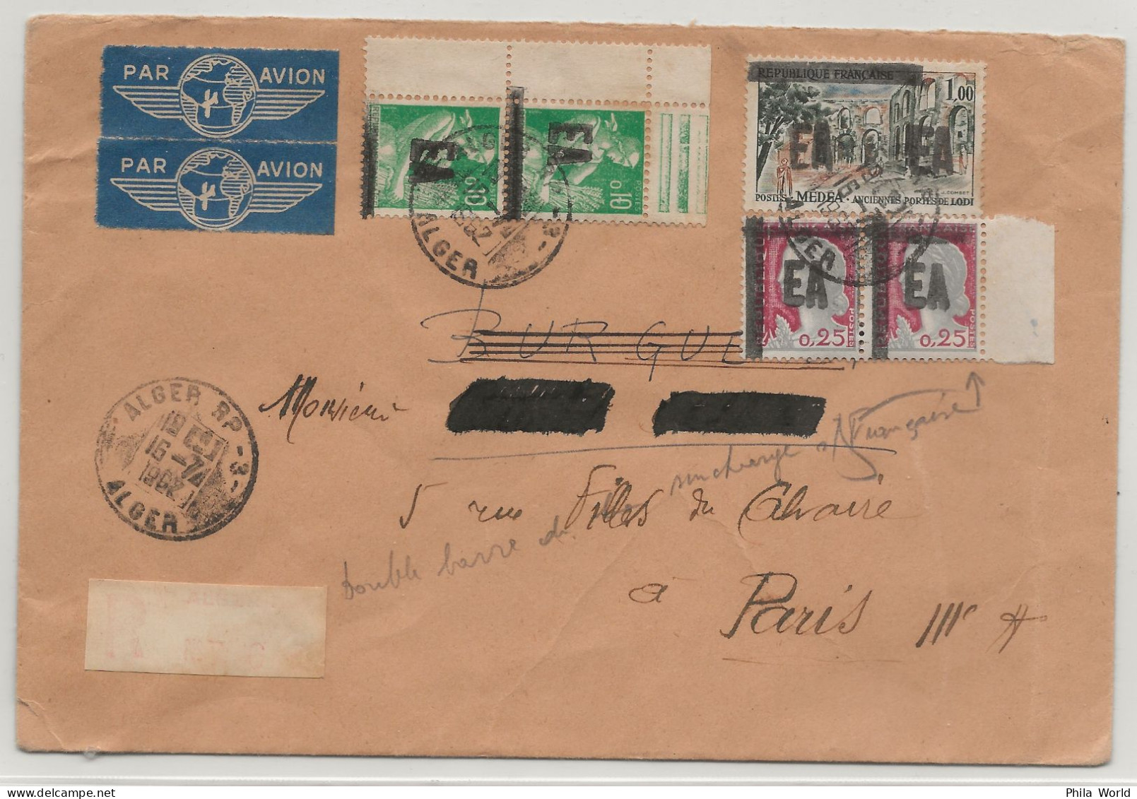 ALGERIE Alger RP 1962 Lettre Par Avion Etiquette Pour France Paris Timbres Surcharge EA Double Barre - Storia Postale