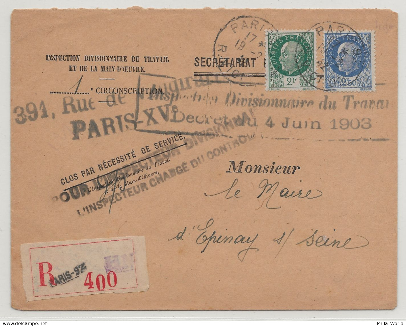 WW2 France DAGUIN Paris 1942 Lettre Recommandée Affranchissement PETAIN Inspection Divisionnaire Travail Décret 1903 - Storia Postale