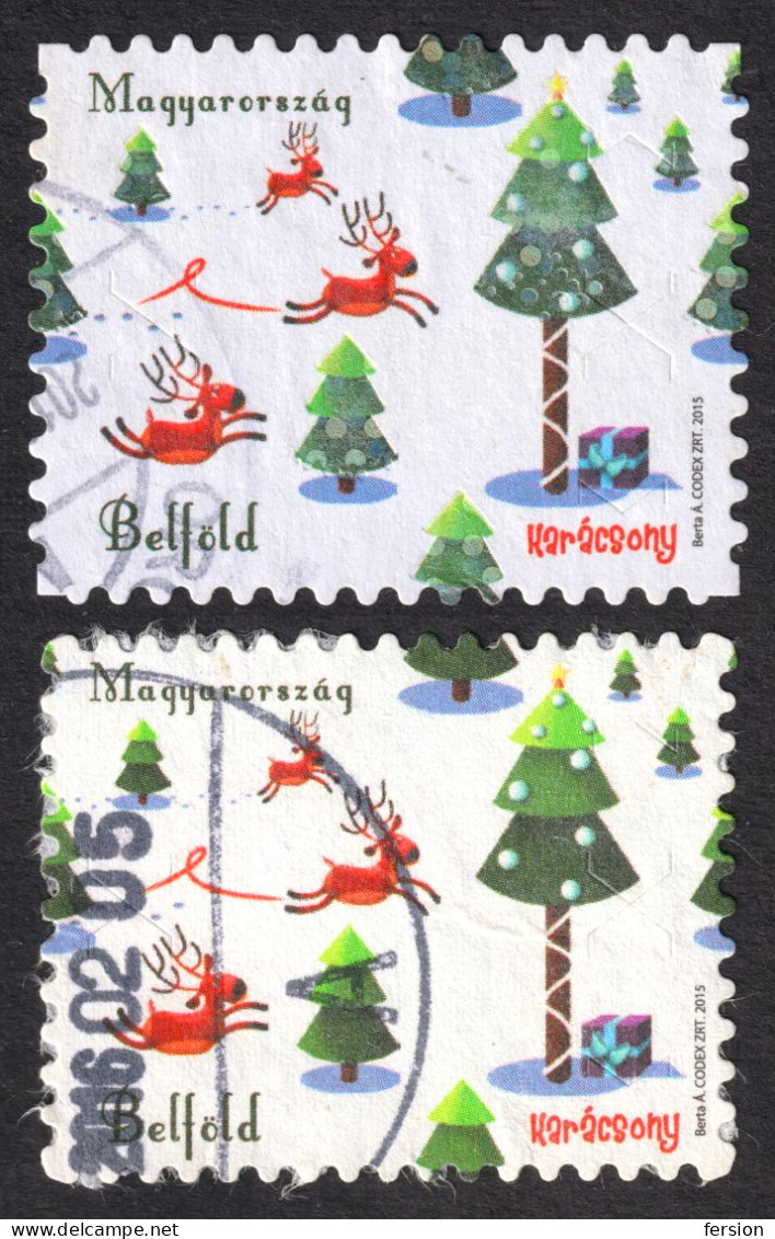 Two Types NORMAL & HOLOGRAM - 2015 Hungary - Christmas / Tree / Reindeer Deer / Gift / USED - Mi  5808 I + II - Usati