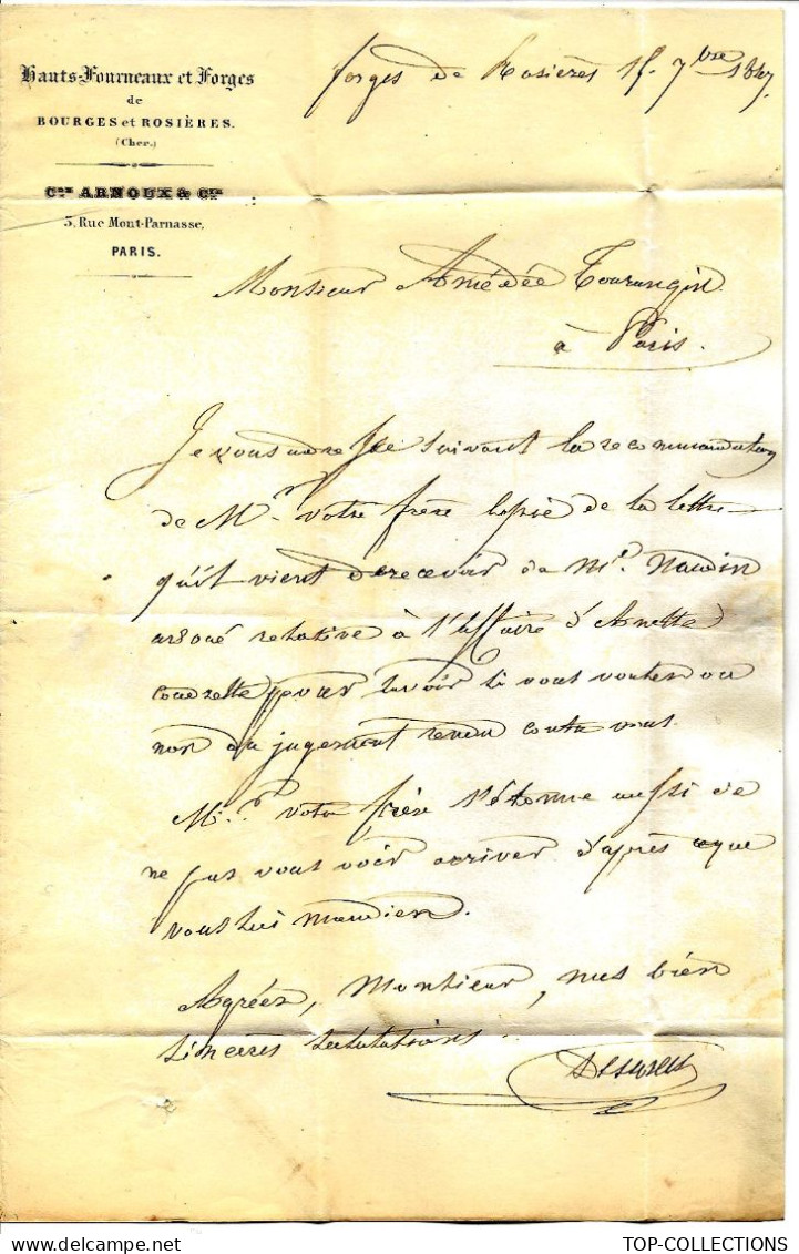 1847 ENTETE  Hauts Fourneaux Forges Bourges Et Rosières Cher Cte Arnoux Paris Pour Tourangin Paris V.SCANS HISTORIQUE - 1800 – 1899