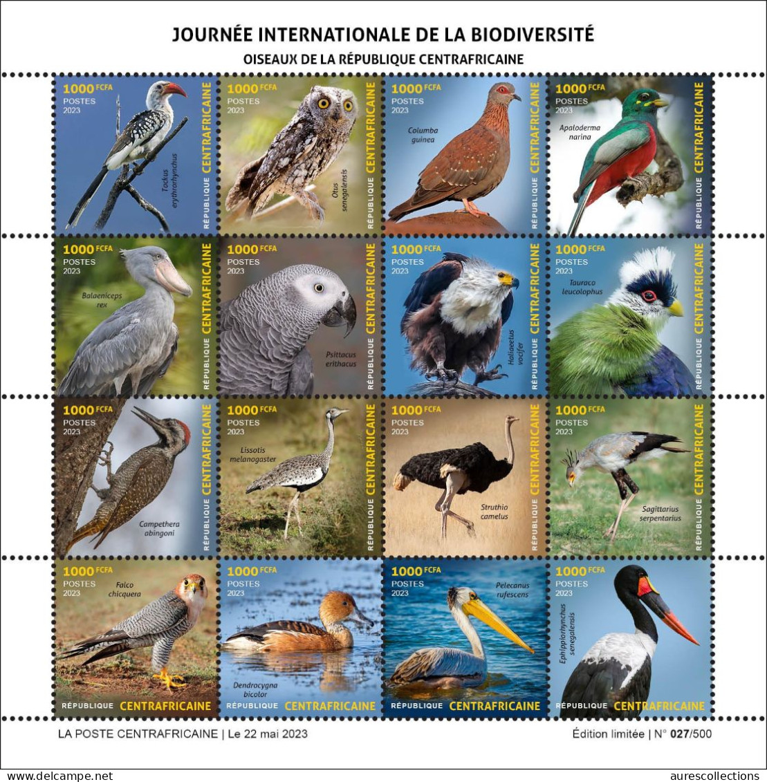 CENTRAL AFRICAN 2023 - SHEET 16V - BIRDS OWLS DOVES DUCK PARROT OSTRICH SECRETARY BIRD EAGLE PELICAN FALCON HAWK - MNH - Struzzi