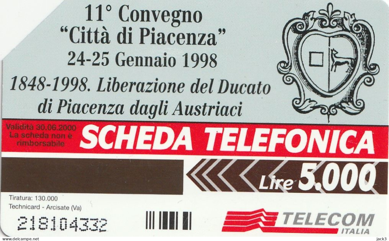 SCHEDA TELEFONICA TELECOM - XI CONVEGNO CITTA' DI PIACENZA (2 SCANS) - Öff. Themen-TK