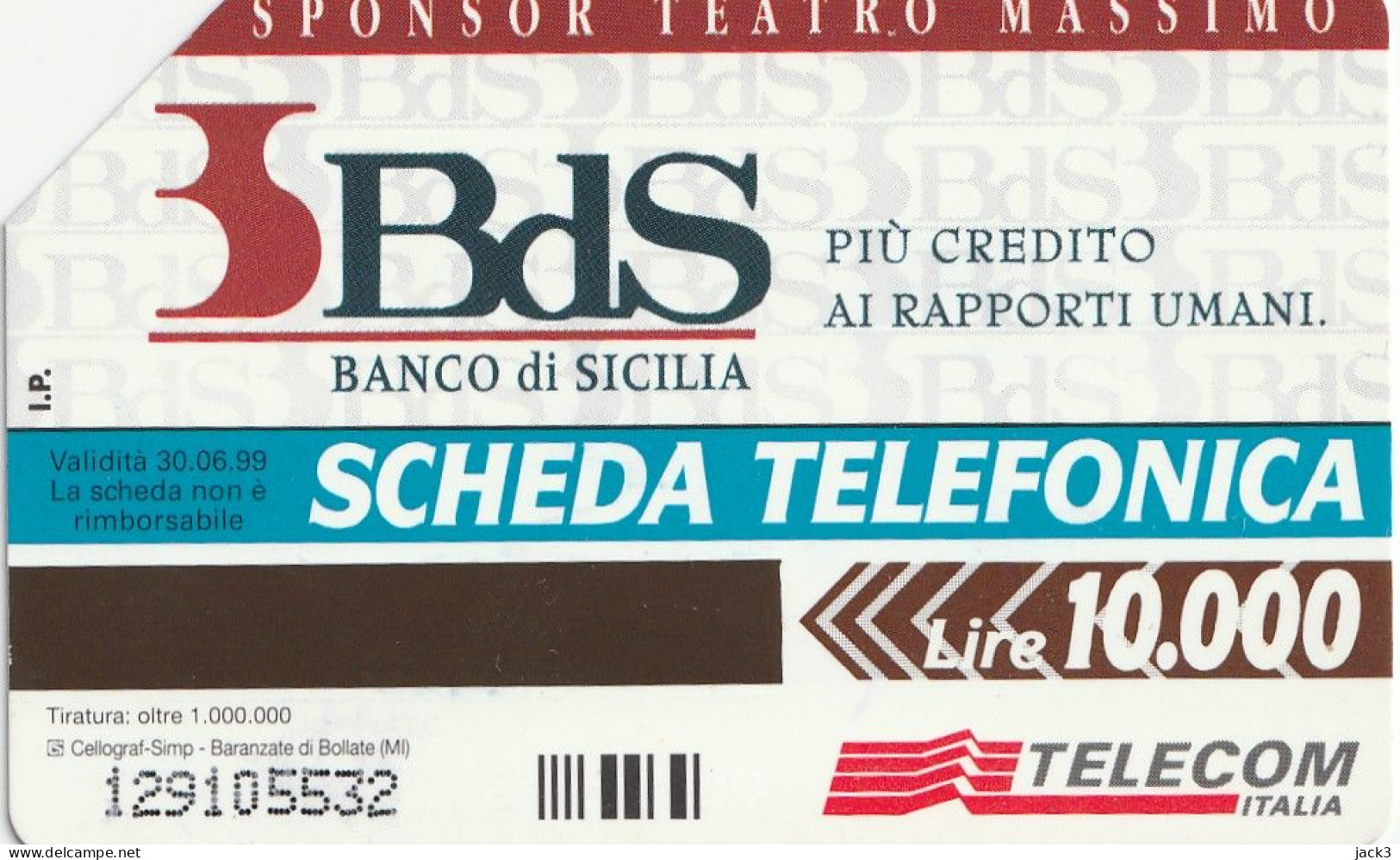 SCHEDA TELEFONICA TELECOM - BANCO DI SICILIA - SPONSOR DEL TEATRO MASSIMO  (2 SCANS) - Públicas Temáticas