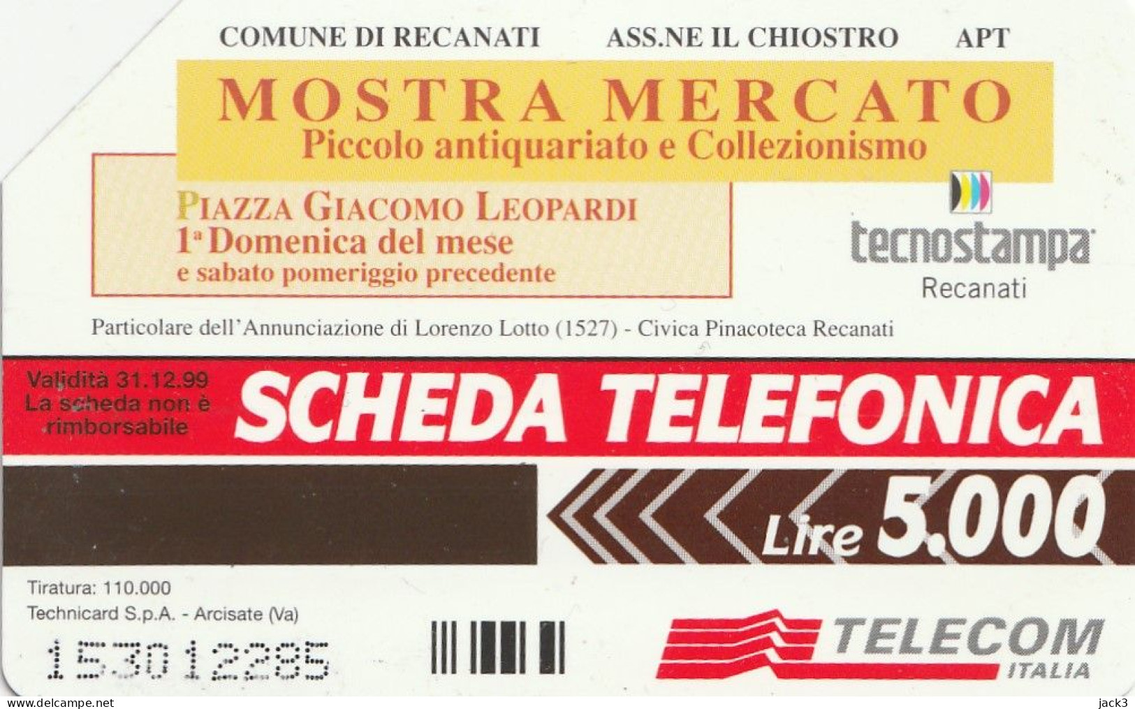 SCHEDA TELEFONICA TELECOM - MOSTRA MERCATO - RECANATI  (2 SCANS) - Publiques Thématiques
