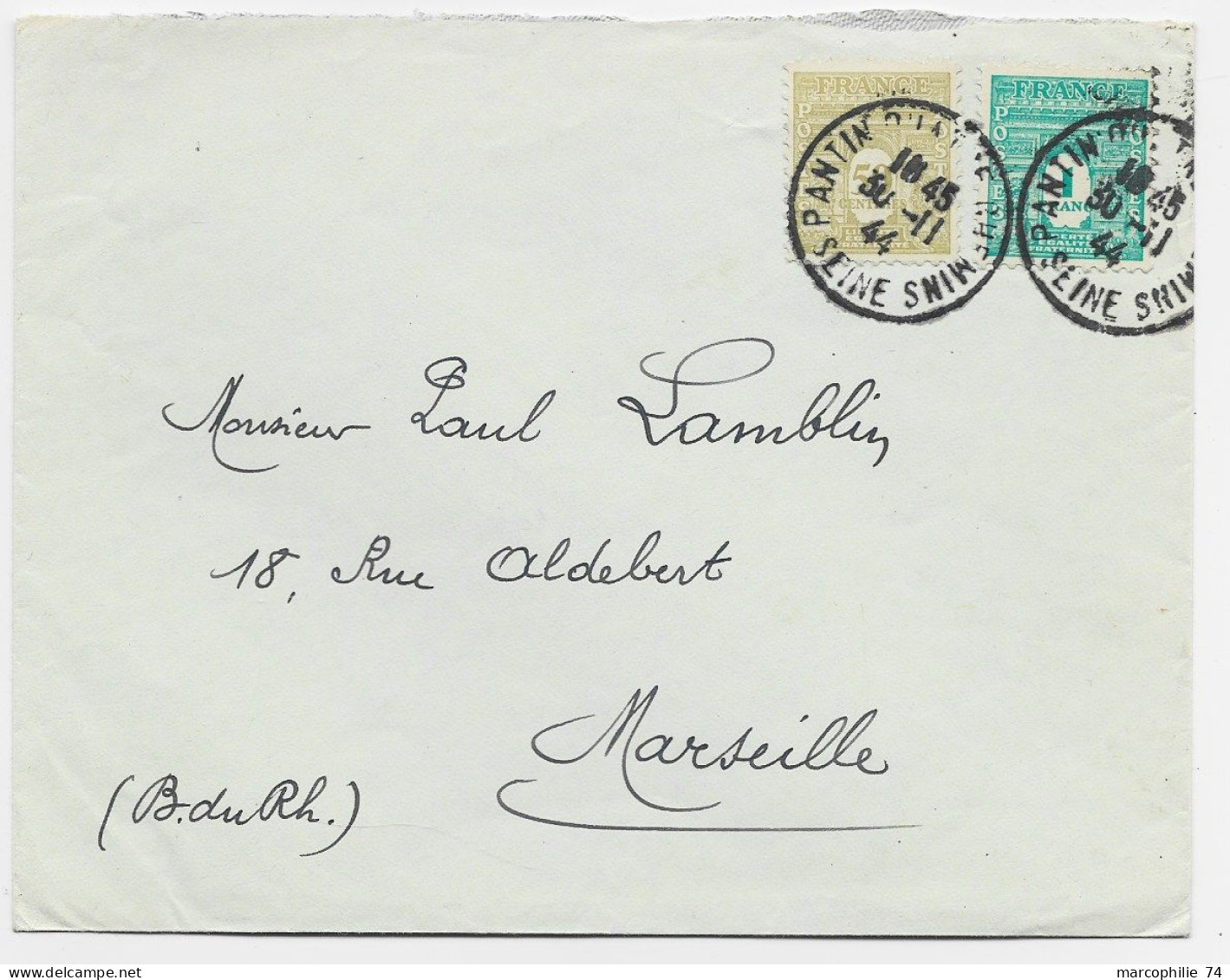 FRANCE ARC TRIOMPHE 1FR+50C LETTRE COVER PANTIN 30.11.1944 AU TARIF - 1944-45 Triumphbogen