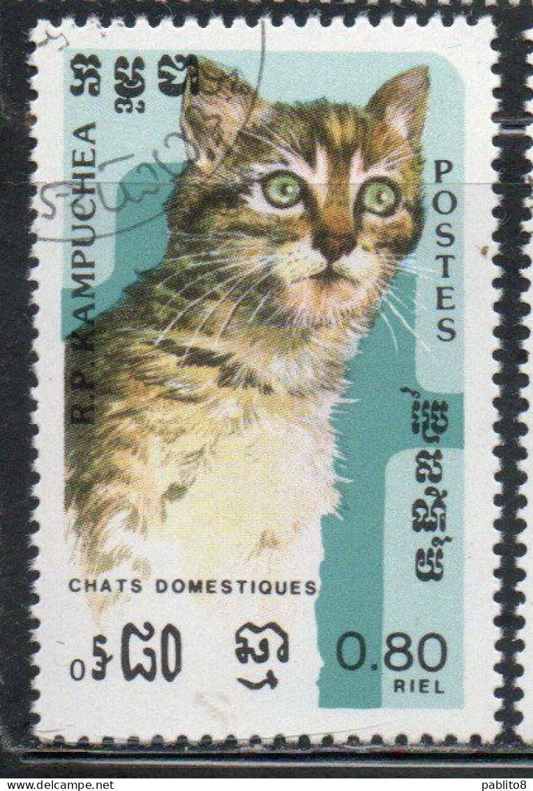 CAMBODIA KAMPUCHEA CAMBOGIA 1985 DOMESTIC CATS 80c USED USATO OBLITERE' - Kampuchea