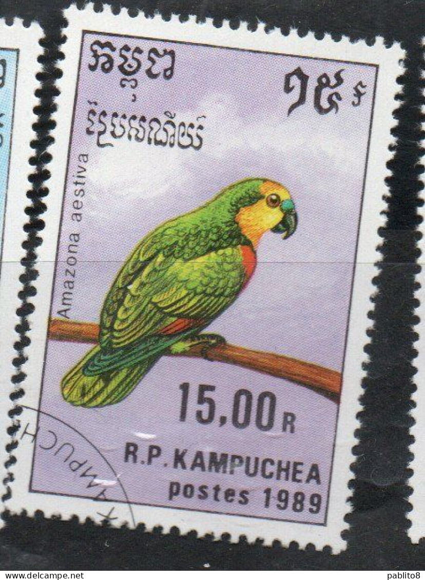 CAMBODIA KAMPUCHEA CAMBOGIA 1989 BIRD FAUNA BIRD AMAZONA AESTIVA 15r USED USATO OBLITERE' - Kampuchea