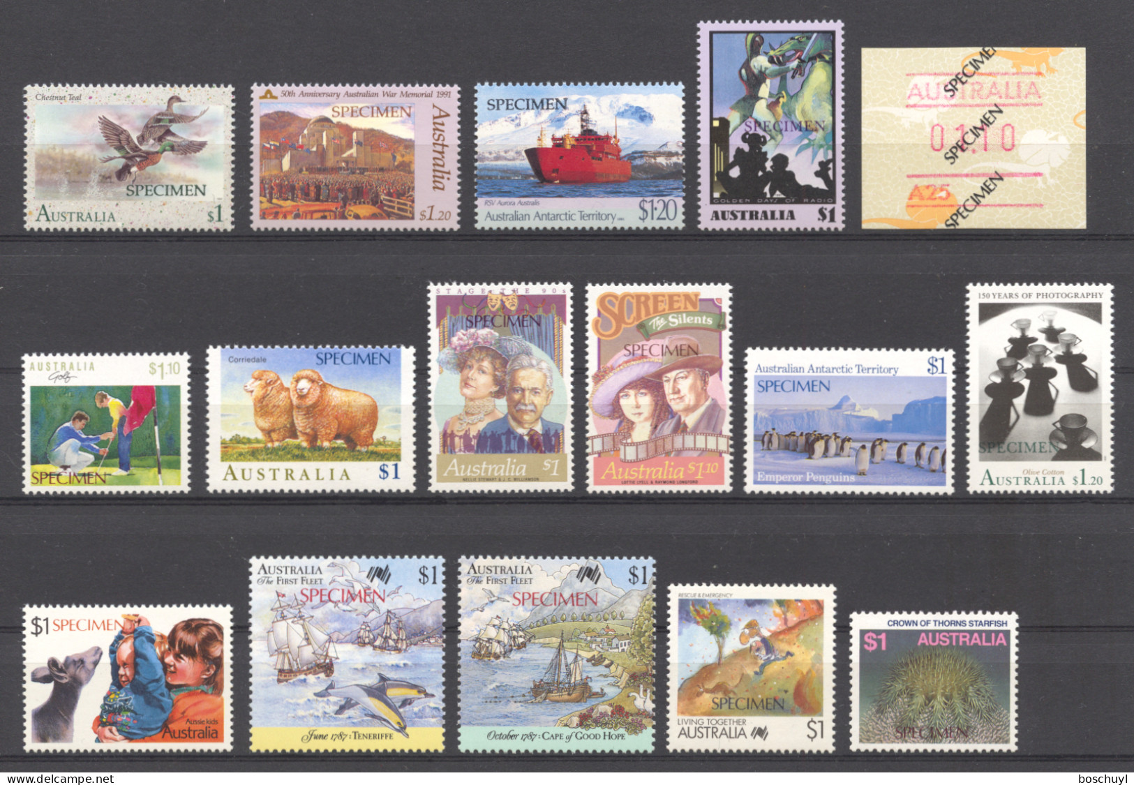 Australia, SPECIMEN Overprinted, Small Collection Of 16 Stamps, MNH - Proofs & Reprints