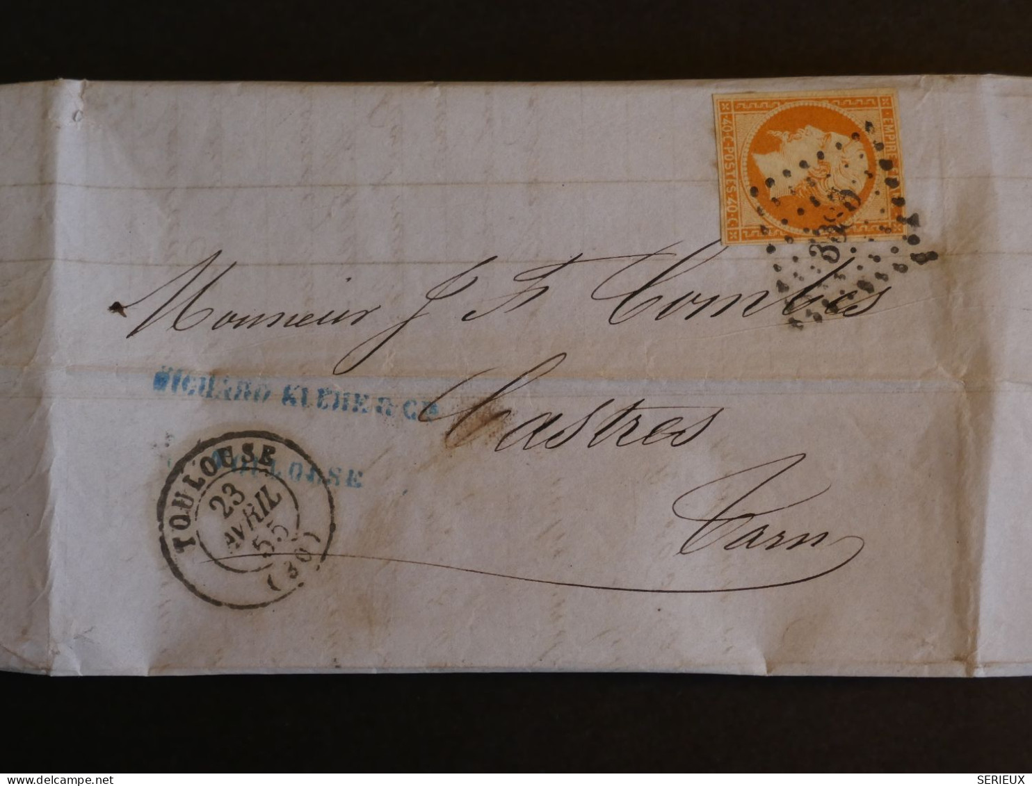 BU11  FRANCE  BELLE LETTRE RR 1855 TOULOUSE A CASTRES + NAP. N° 16  40C  + AFF. INTERESSANT+ - 1853-1860 Napoleon III