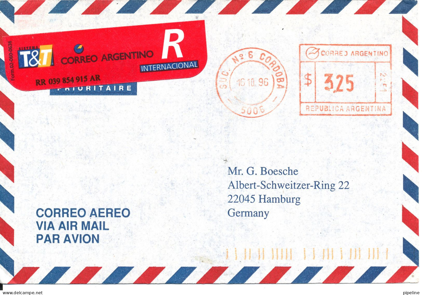 Argentina Registered Air Mail Cover With Meter Cancel Sent To Germany 16-10-1996 - Brieven En Documenten