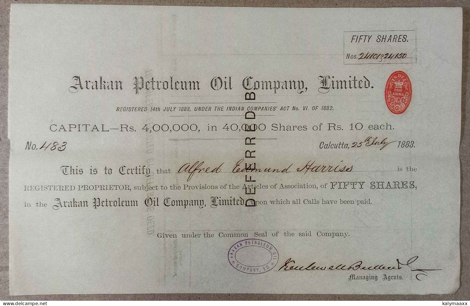 BRITISH INDIA 1883 ARAKAN PETROLIUM OIL COMPANY LIMITED, OIL, PETROLIUM....SHARE CERTIFICATE - Petróleo