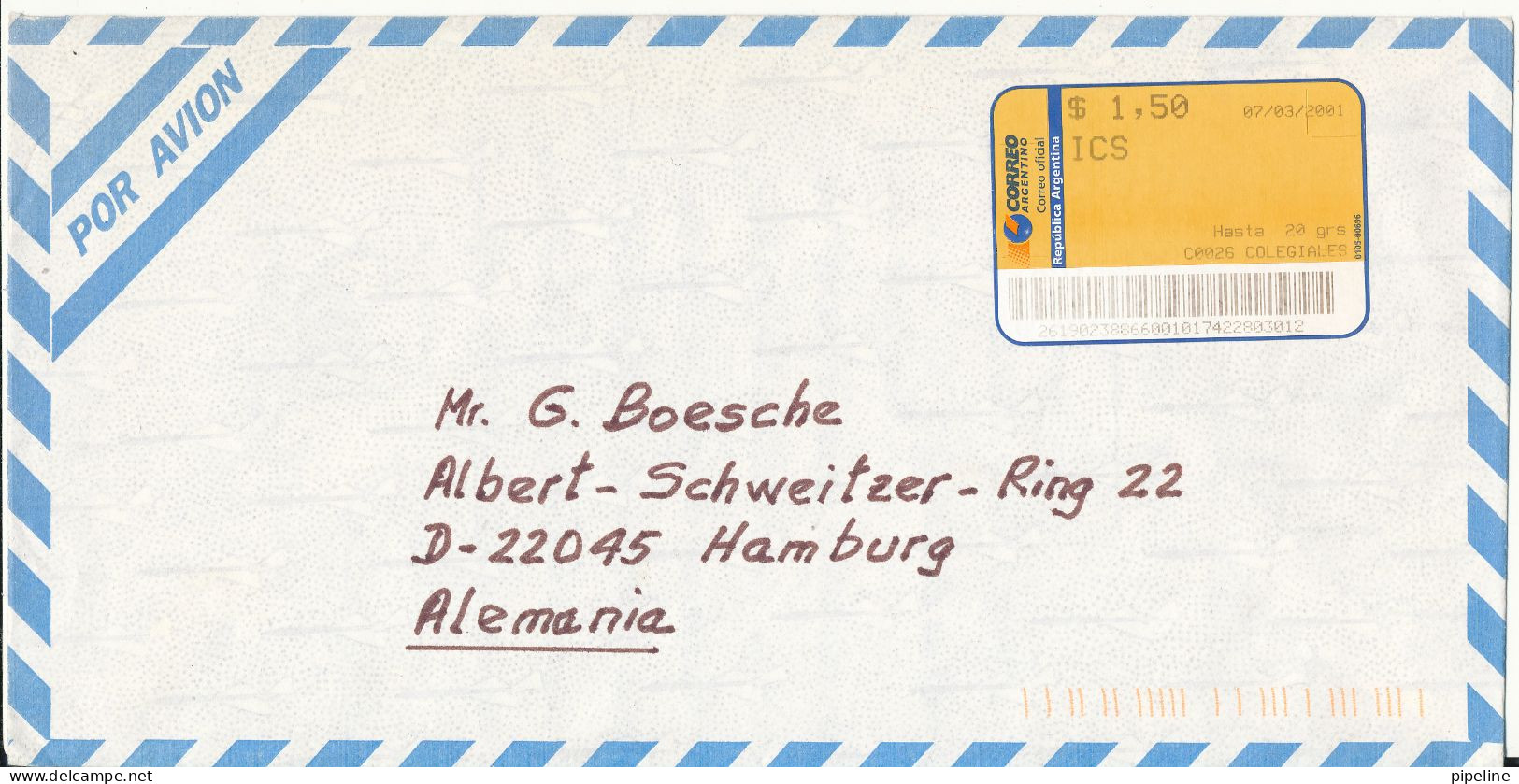 Argentina Air Mail Cover Sent To Germany 7-3-2001 With Franking Label - Covers & Documents