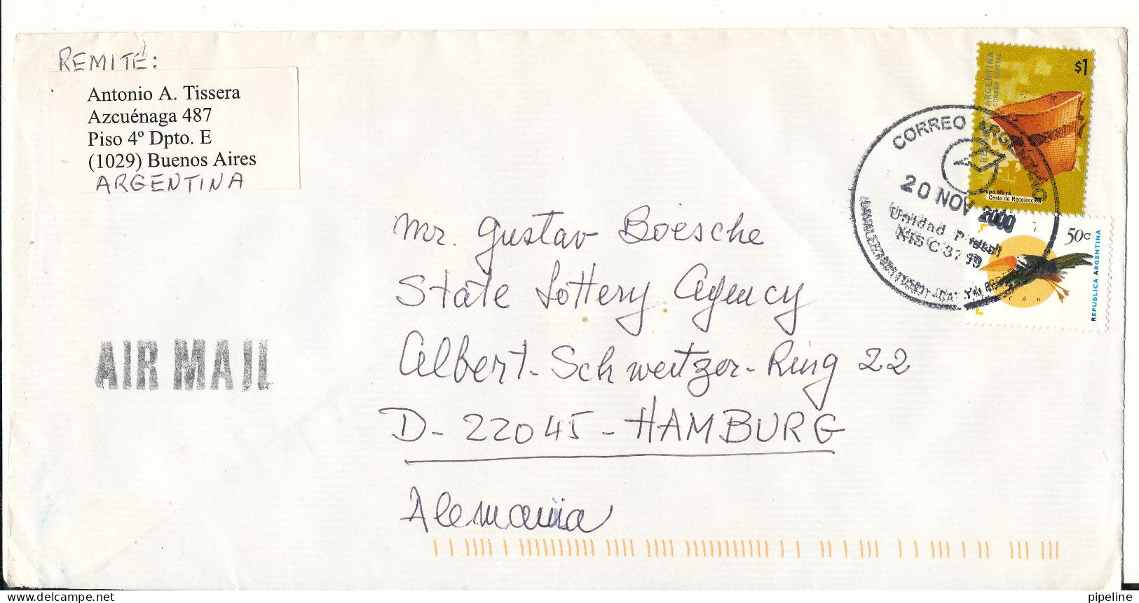 Argentina Cover Sent To Air Mail Germany 20-11-2000 - Briefe U. Dokumente