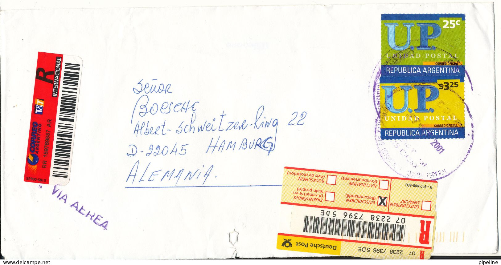 Argentina Registered Cover Sent Air Mail To Germany 27-10-2000 (Unidad Postal) A Tear At The Bottom Of The Cover - Brieven En Documenten