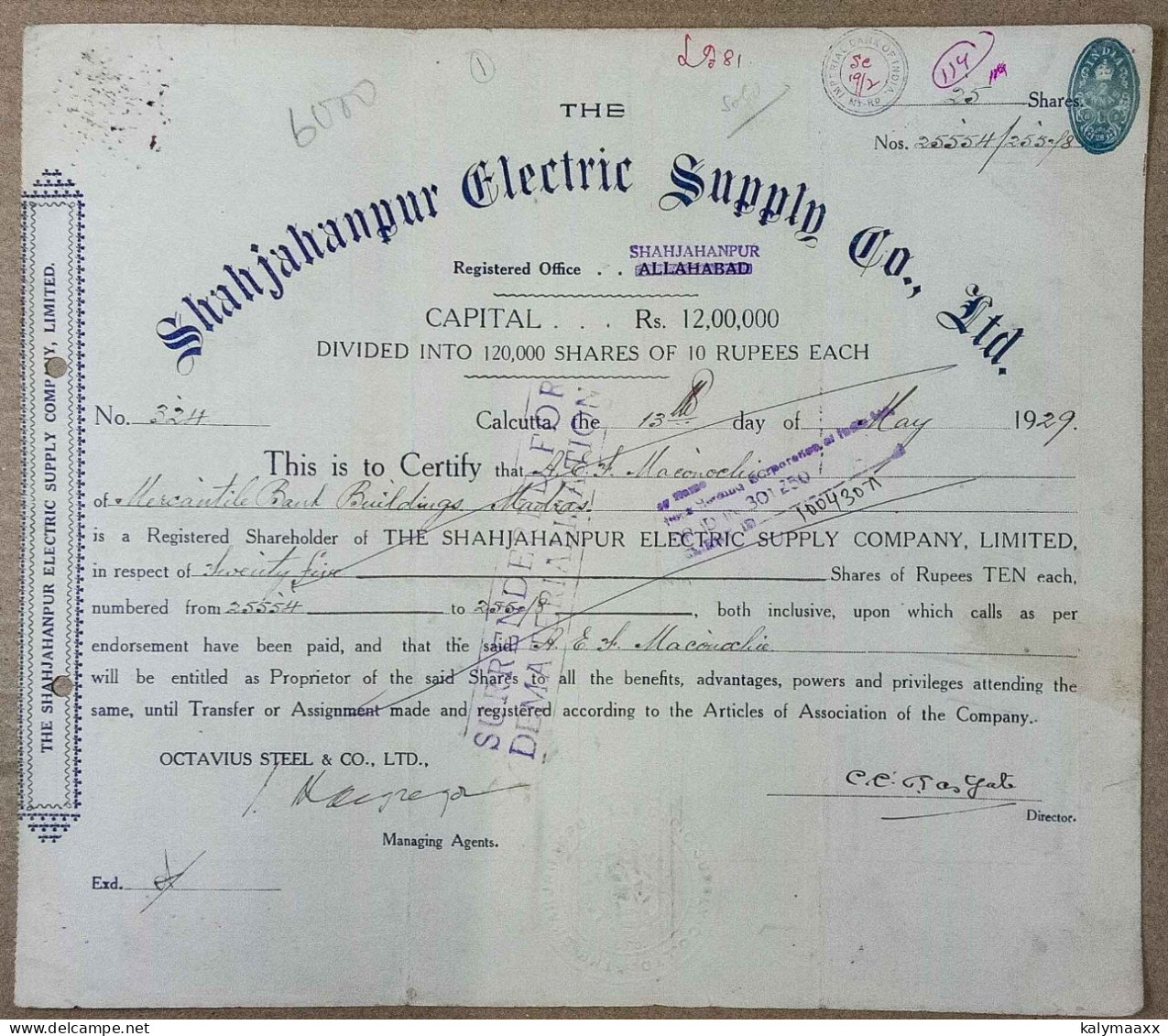 BRITISH INDIA 1929 THE SHAHJAHANPUR ELECTRIC SUPPLY COMPANY LIMITED, ELECTRICITY....SHARE CERTIFICATE - Electricidad & Gas