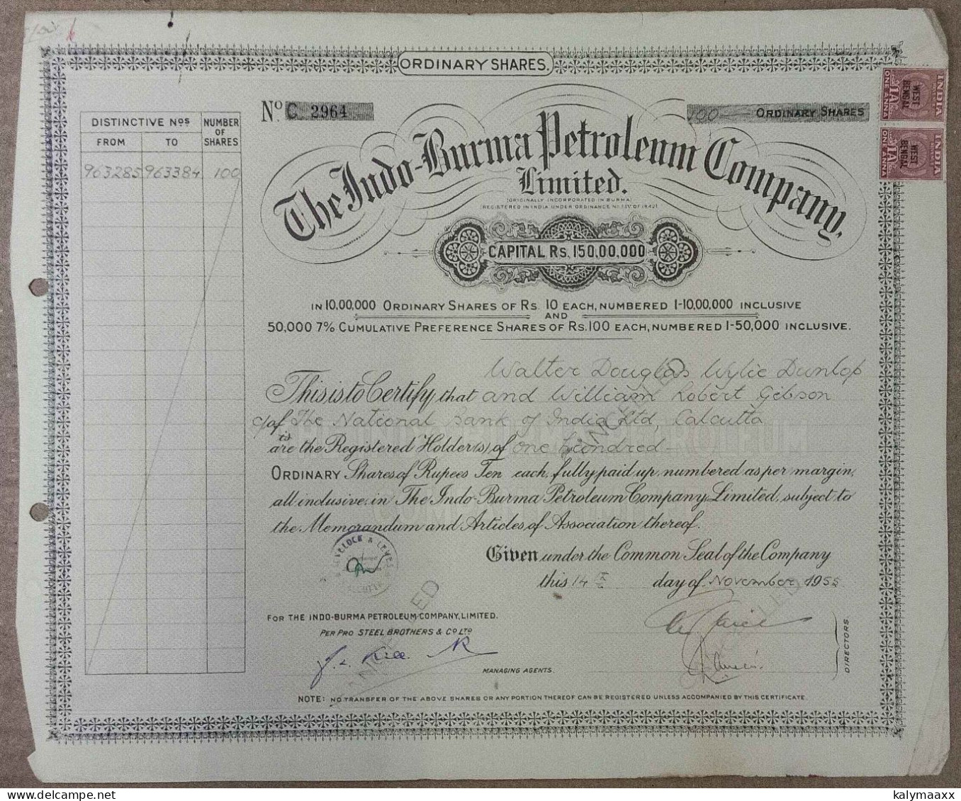 INDIA 1955 THE INDO BURMA PETROLIUM COMPANY LIMITED, OIL, PETROLIUM.....SHARE CERTIFICATE - Pétrole