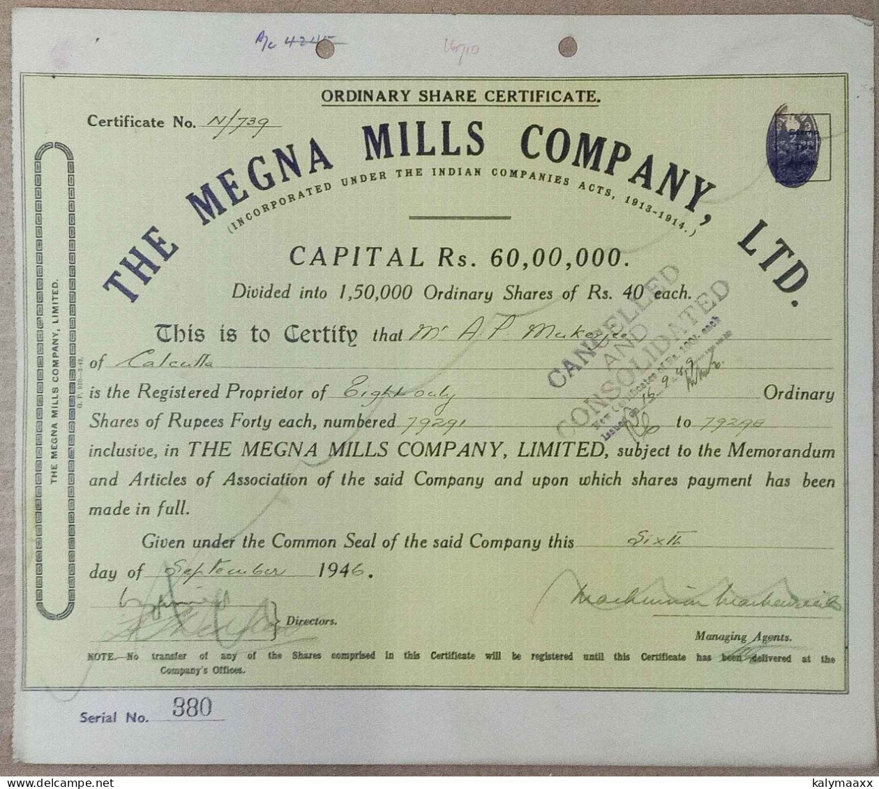 BRITISH INDIA 1946 THE MEGHNA MILLS COMPANY LIMITED.....SHARE CERTIFICATE - Textile