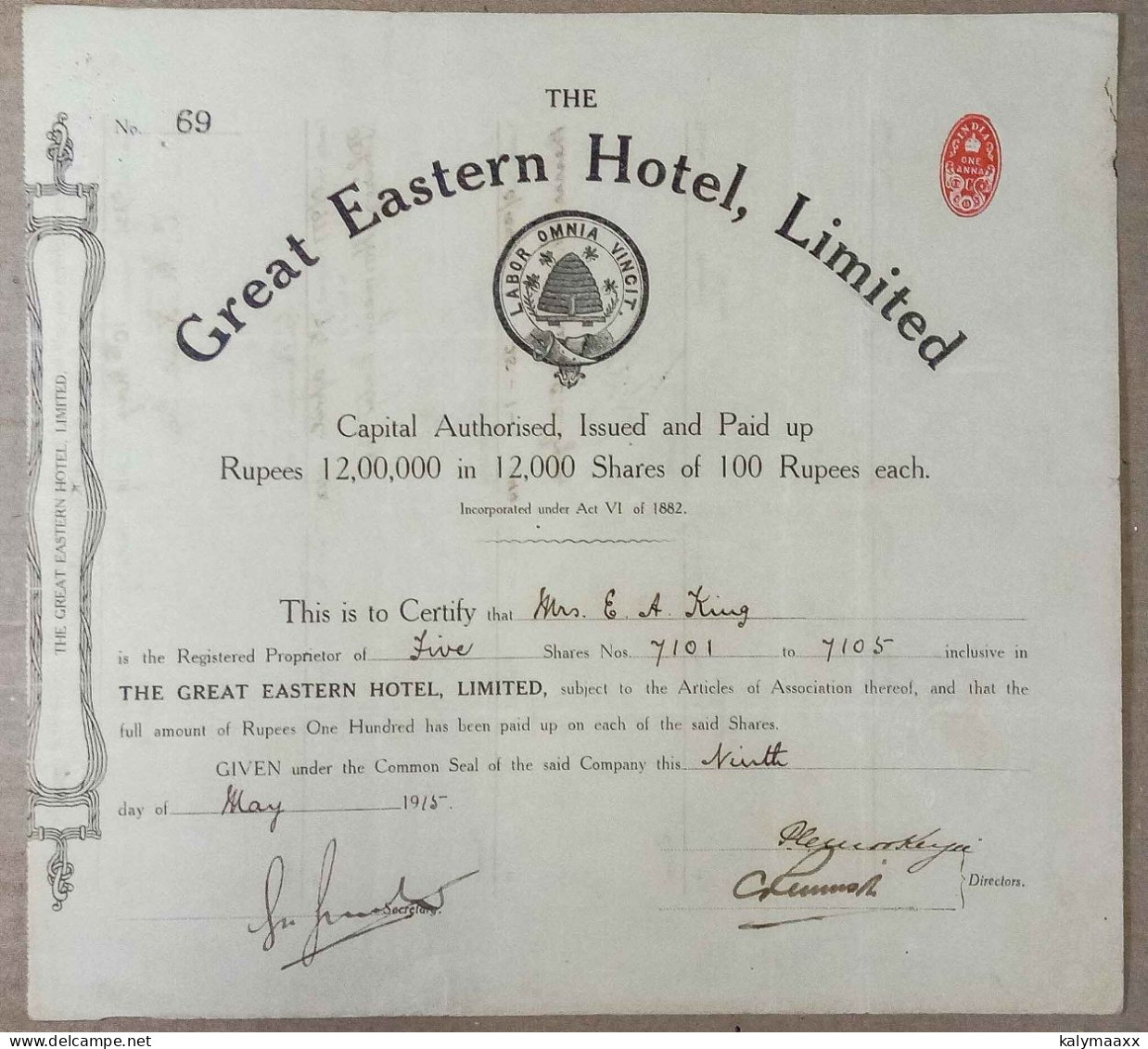 BRITISH INDIA 1915 THE GREAT EASTERN HOTEL LIMITED, HOSPITALITY BUSINESS, HOTEL.....SHARE CERTIFICATE - Tourisme