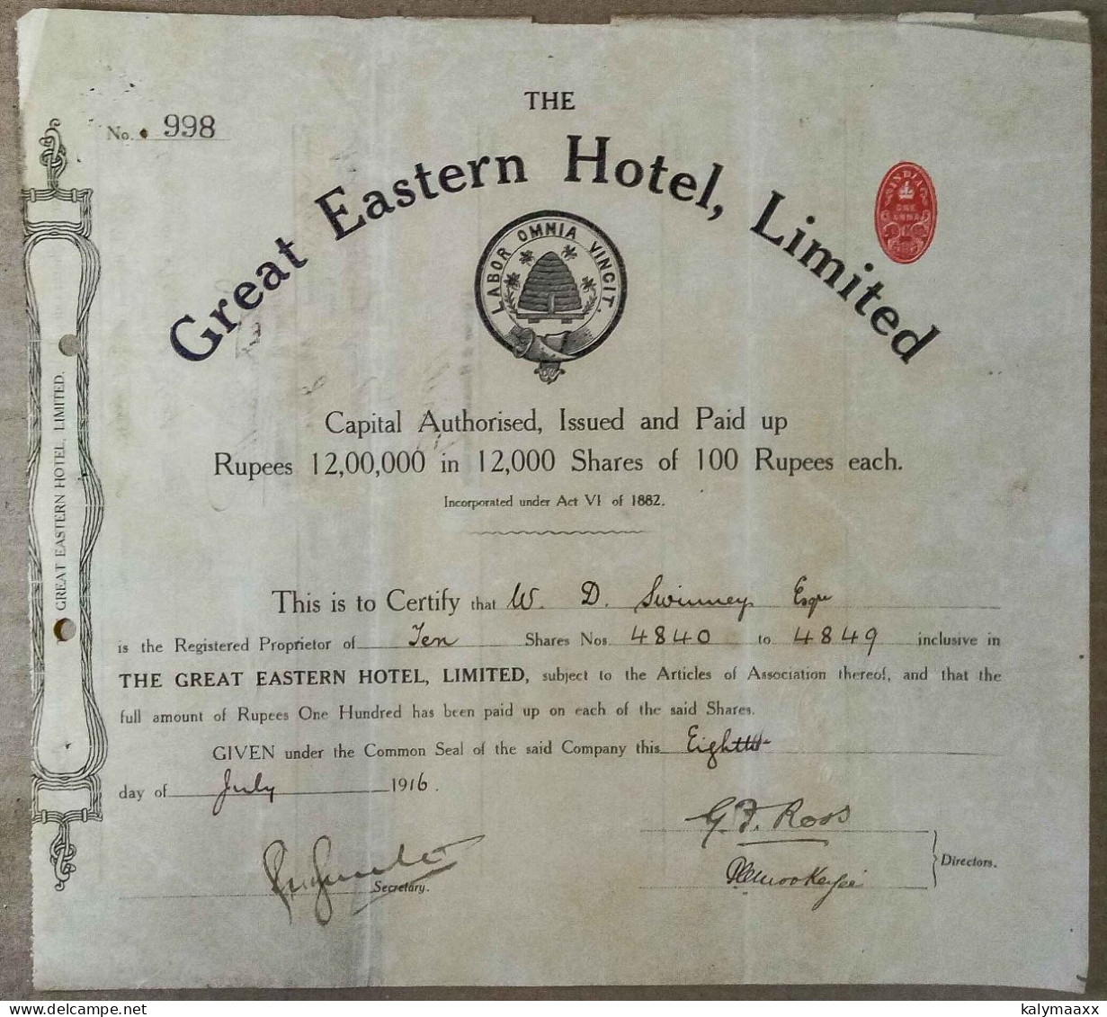 BRITISH INDIA 1916 THE GREAT EASTERN HOTEL LIMITED, HOSPITALITY BUSINESS, HOTEL.....SHARE CERTIFICATE - Turismo