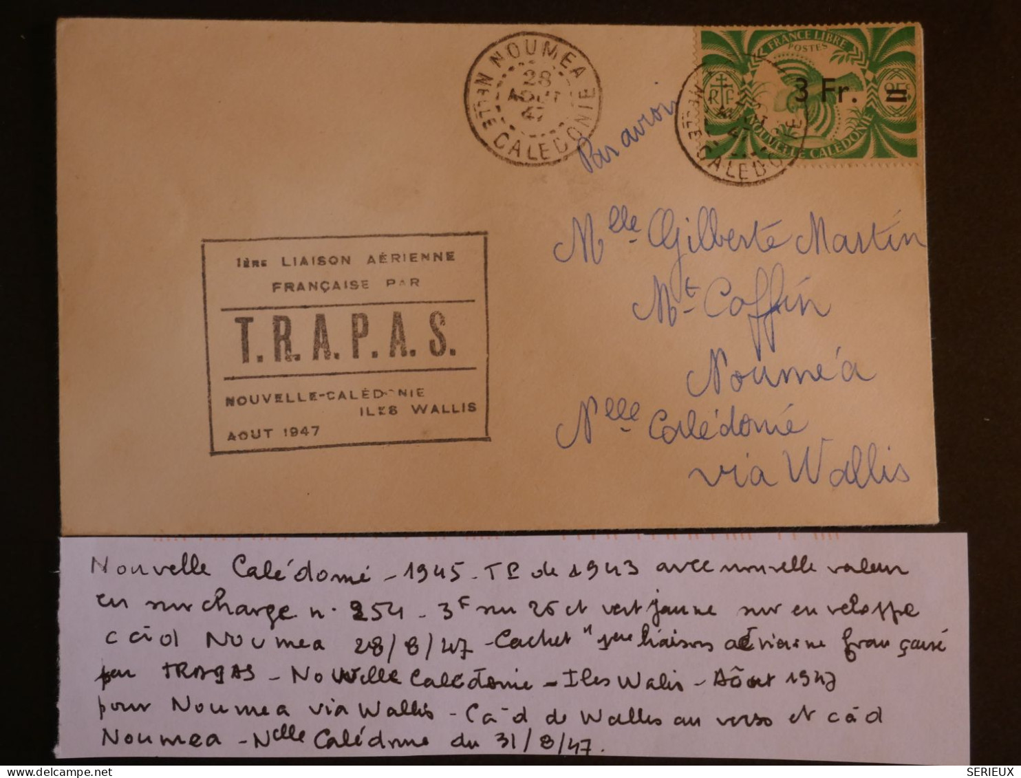 BU11  NOUVELLE CALEDONIE  BELLE  LETTRE   1947  NOUMEA    +WALLIS + AFF .INTERESSANT+ - Lettres & Documents