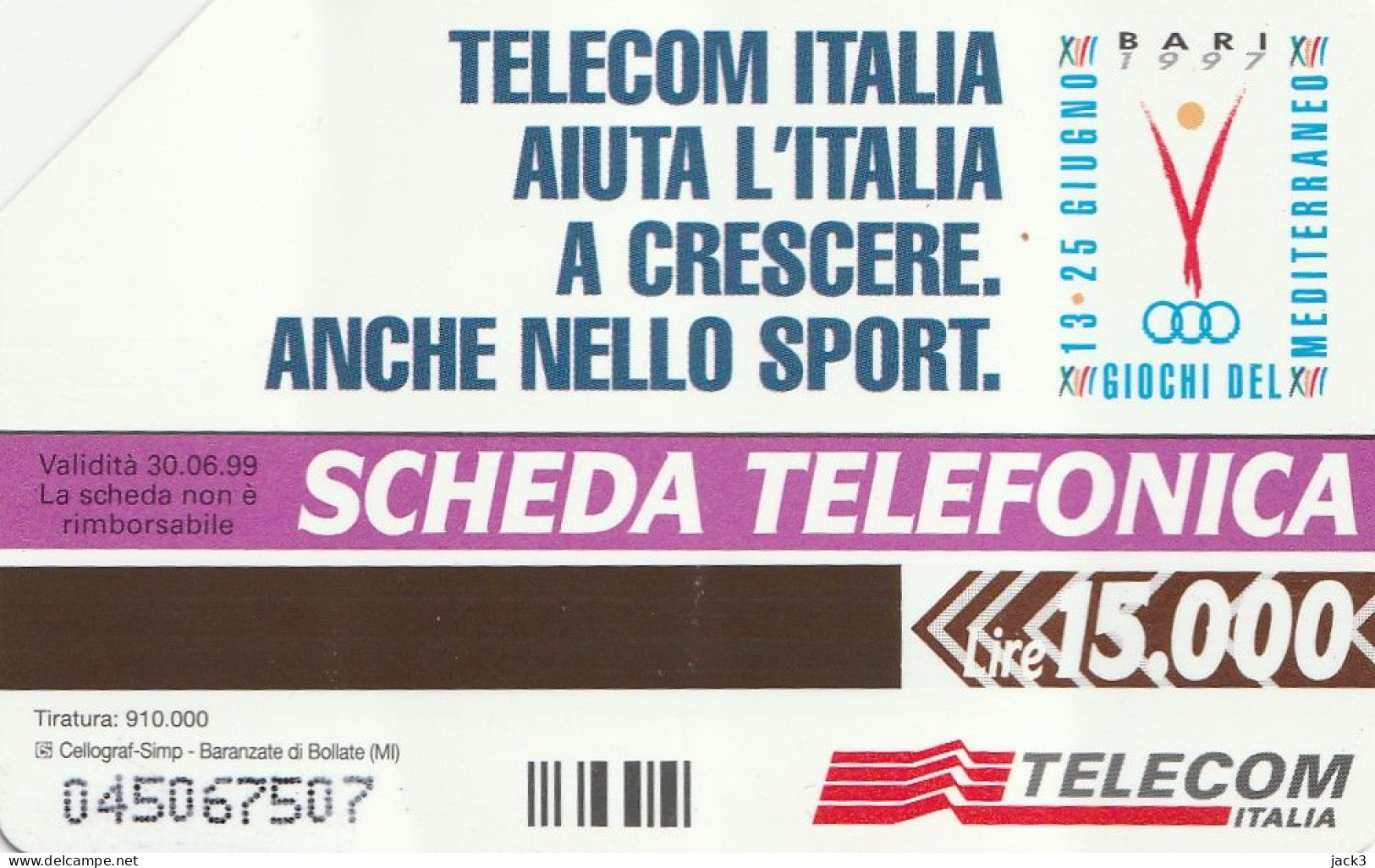 SCEDA TELEFONICA - GIOCHI DEL MEDITERRANEO - BARI 1997 (2 SCANS) - Publiques Thématiques