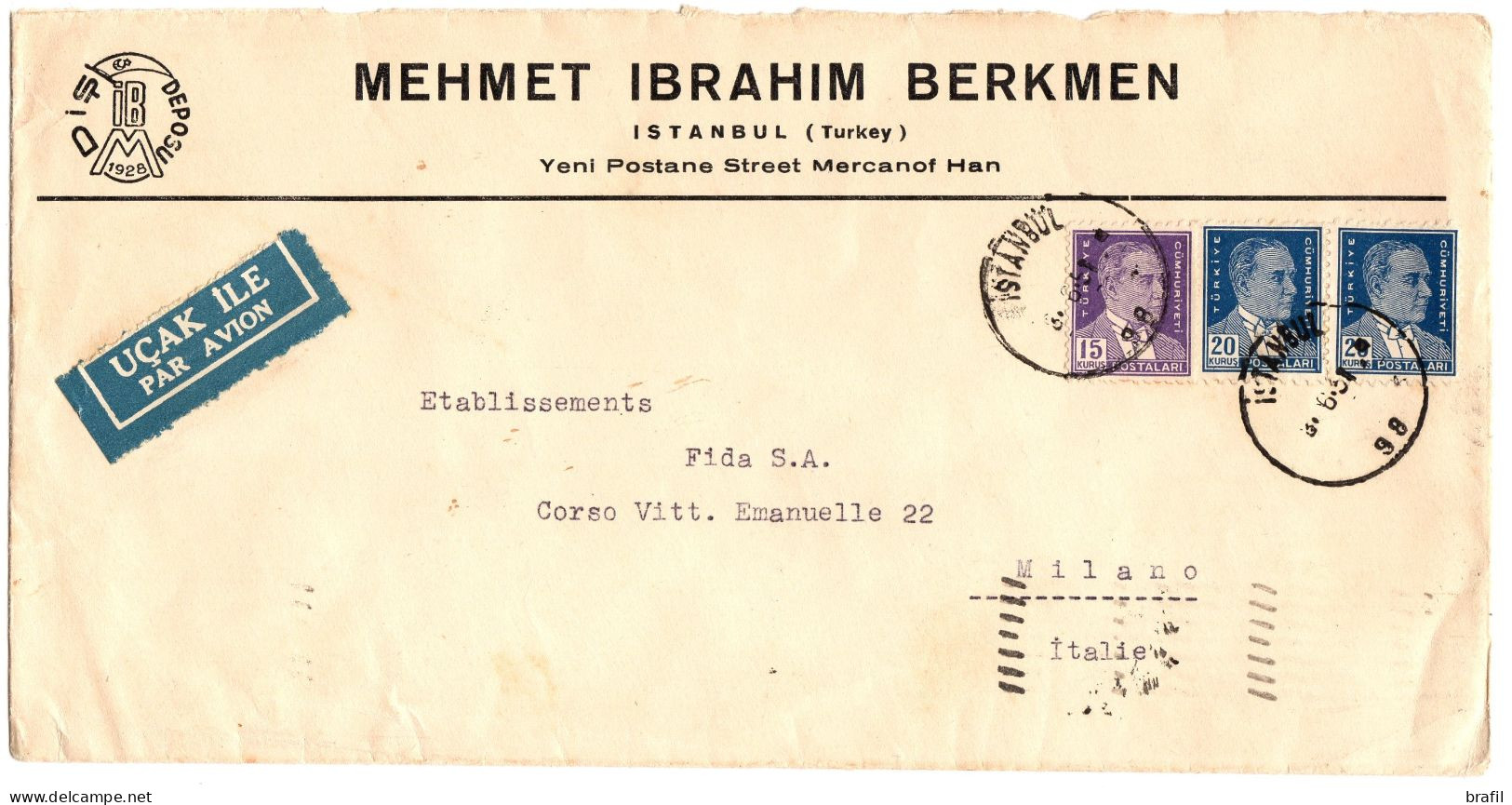 1951 Turchia, Air Cover From Istambul To Italy, See Scan - Brieven En Documenten