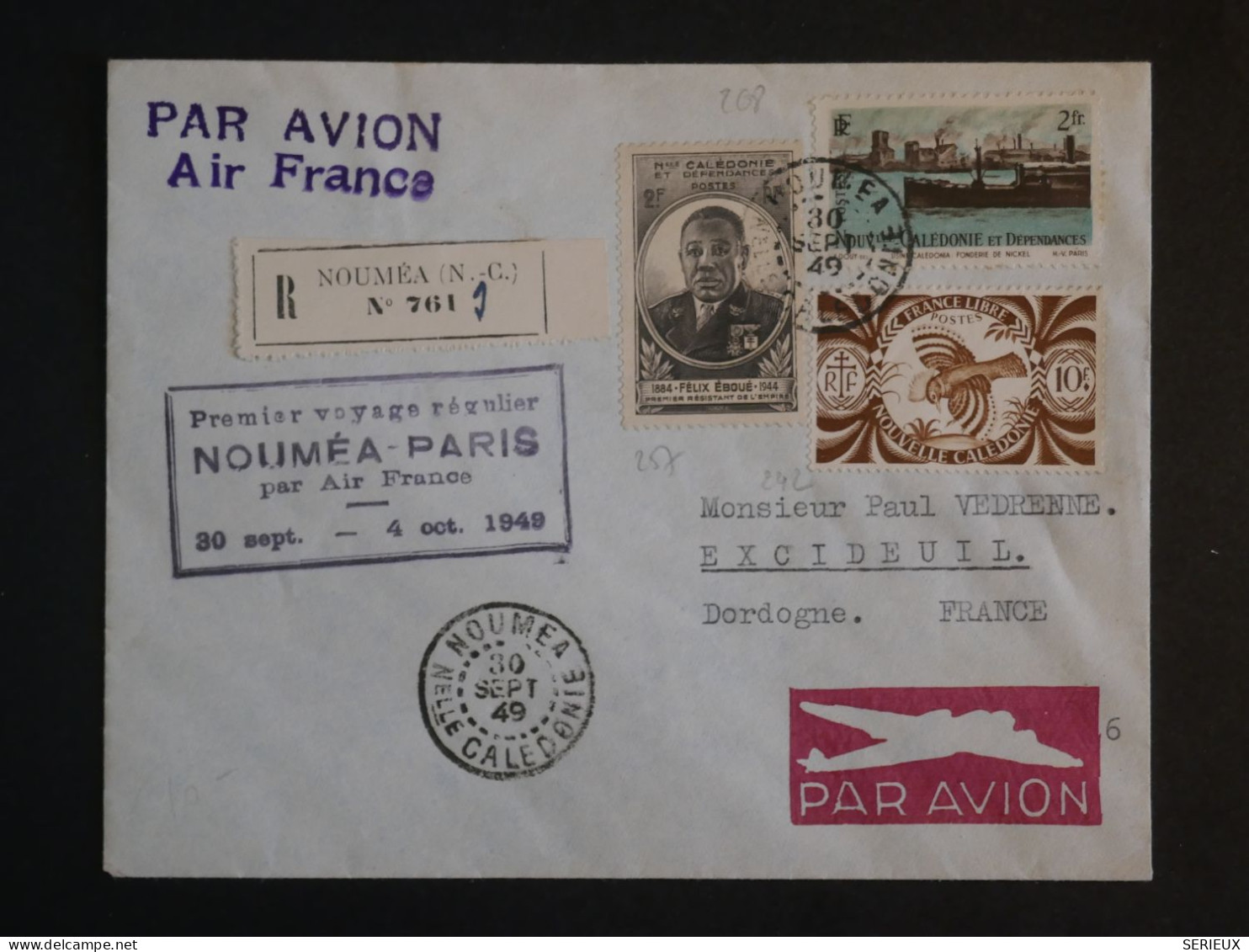 BU11 NOUVELLE CALEDONIE BELLE LETTRE  RR 1949  1ER VOL NOUMEA  PARIS A  EXCIDEUIL FRANCE + AFF. PLAISANT+++ - Briefe U. Dokumente